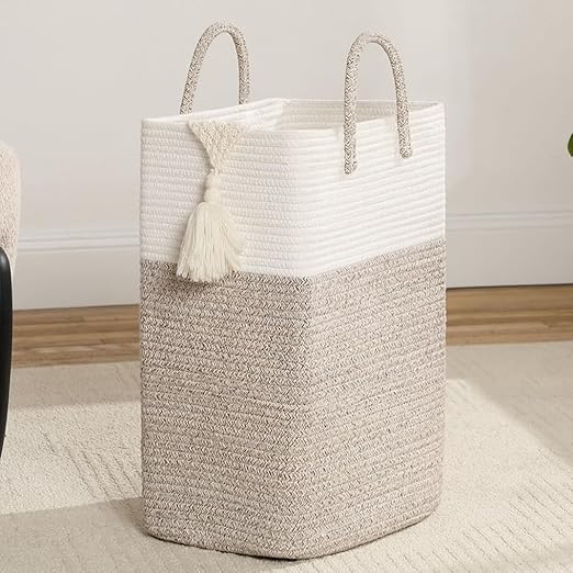 Tall Laundry Basket,Woven Cotton Rope Laundry Hamper Sorters,60L Versatile Storage for Dirty Clothes,Baby Toys,and Blankets in Bathroom, Nursery,and Living Room (White Brown,50L)