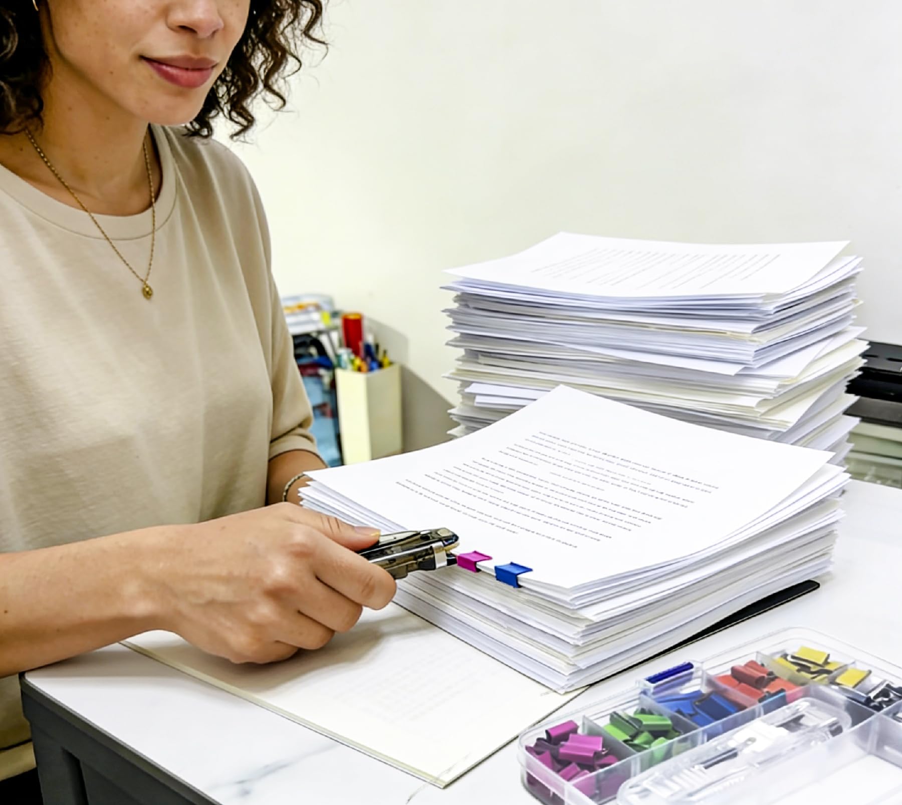 Agrafeuse à pousser, pinces à papier avec 140 clips de recharge réutilisables en acier inoxydable, capacité de 40 feuilles, distributeur de pinces pour documents de bureau, fournitures scolaires
