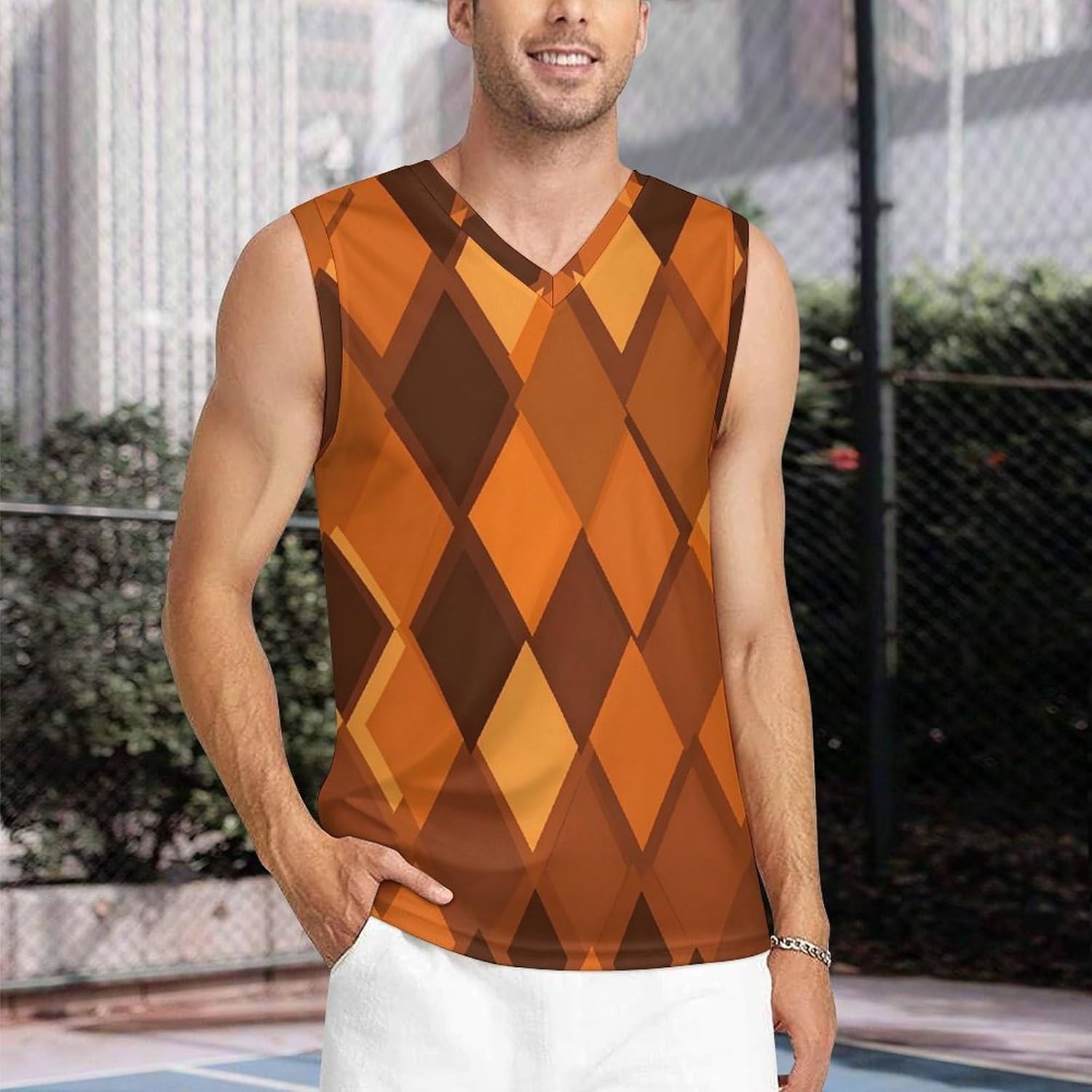 Orange Brown Argyle Plaid Men's V-Neck Basketball Tank Top Sleeveless Workout Tank Shirts Gym Fitness Tees Vest