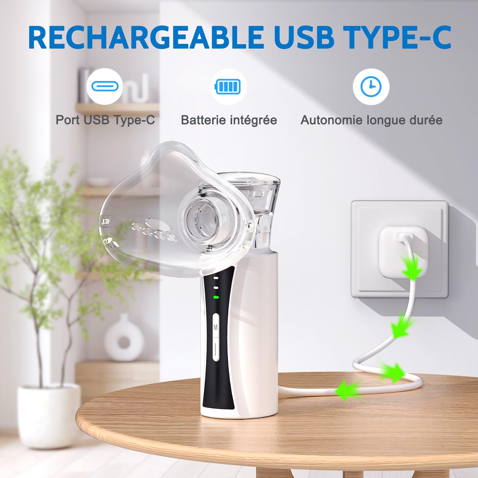 Nebulisateur Portable Silencieux pour Adultes et Enfants | Inhalateur Nébuliseur Aérosol Rechargeable par Câble USB avec 2 Masques et Embout Buccal