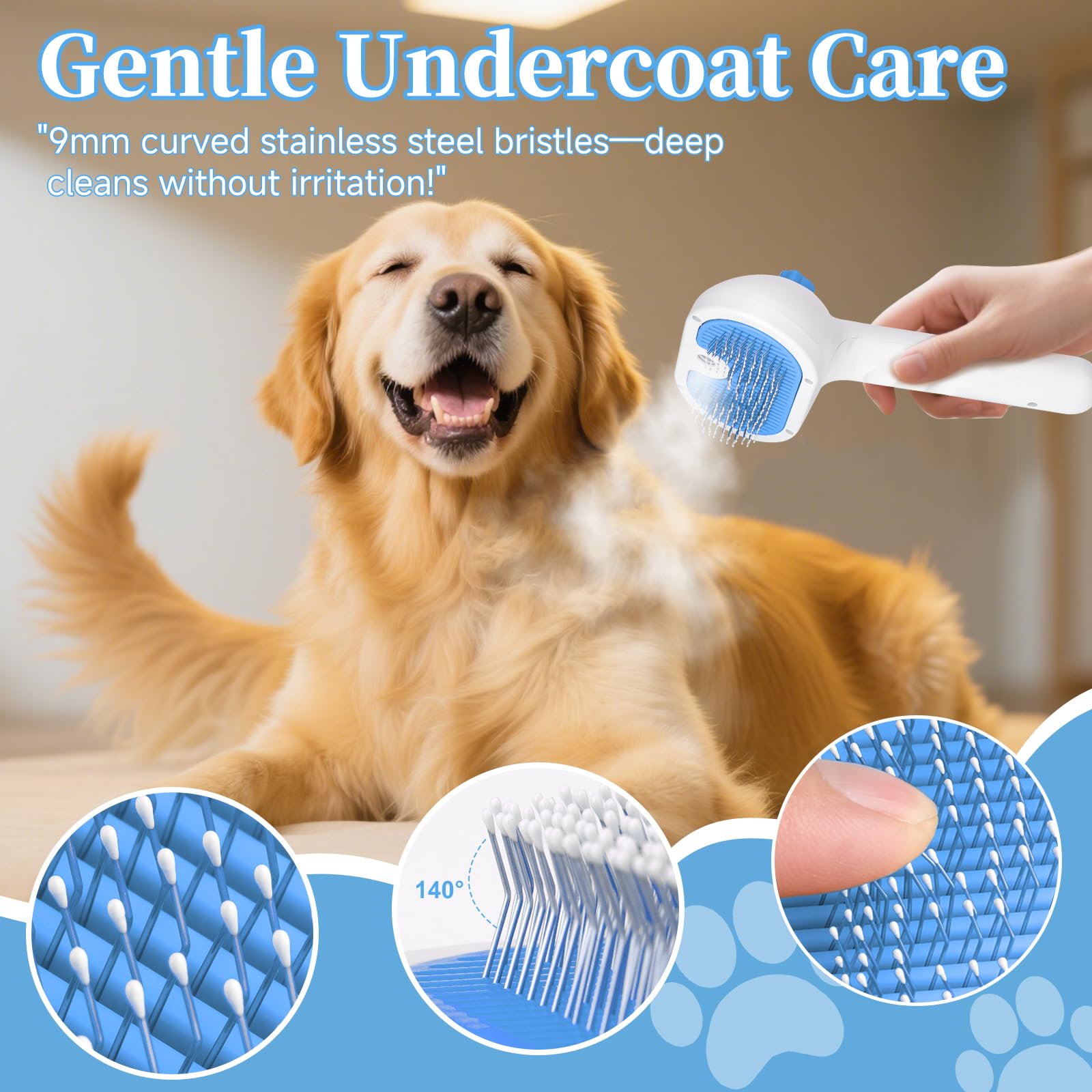 Pet Steam Brush for Dog & Cat - 3-in-1 Steam Grooming Brush for Shedding & Hair Removal - Self Cleaning Spray Comb with Mist for Long Haired Pets - Includes 1*Waterless Shampoo, Blue. - image 5