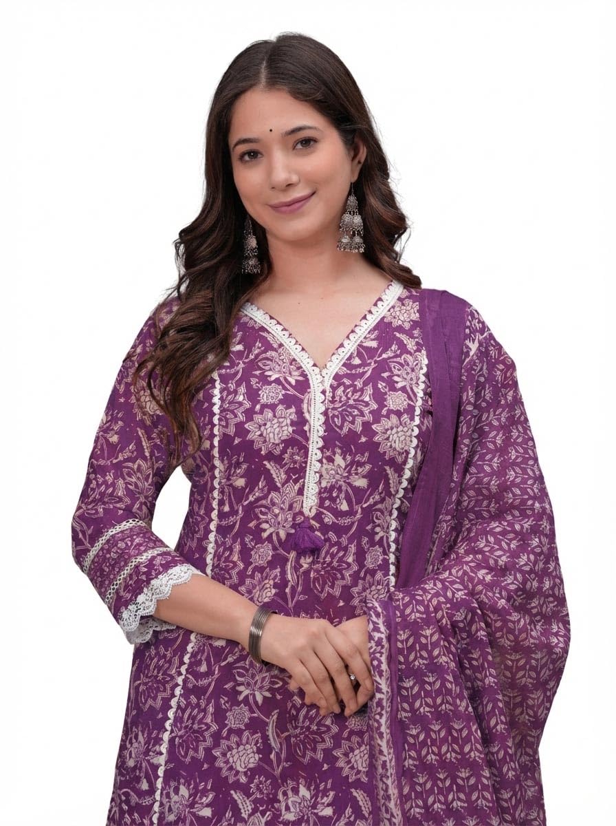Amayra Women's Pure Cotton Printed Straight Kurta Set with Palazzo Pants & Dupatta- Ethnic Wear