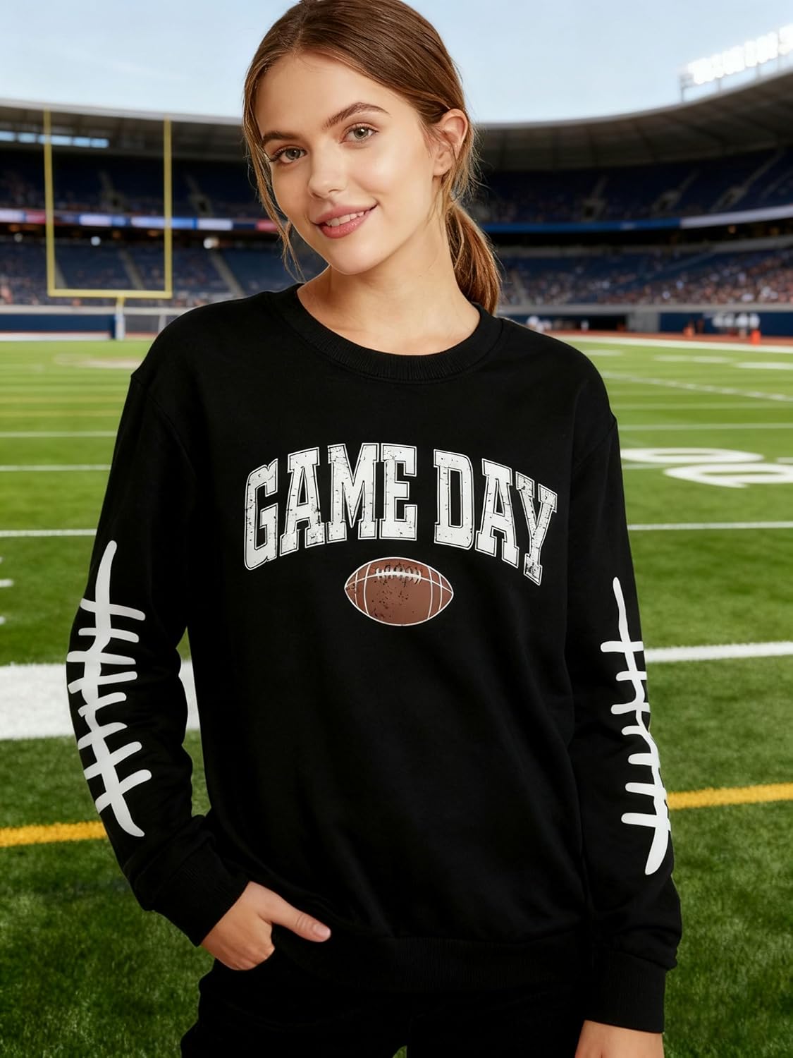 LHBNK Game Day Sweatshirts for Women Football Sweatshirts Funny Football Graphic Crewneck Long Sleeve Pullover Tops - Image 3
