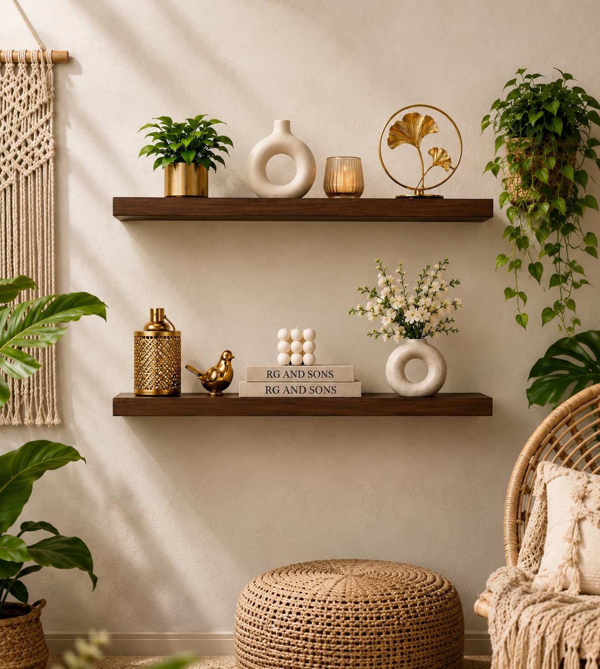 Set of 2 Brown Wall Floating Shelves | Modern Wooden Wall Mounted Display Shelves for Living Room, Bedroom, Office & Home Décor | Space Saving Corner Organizer-image-16