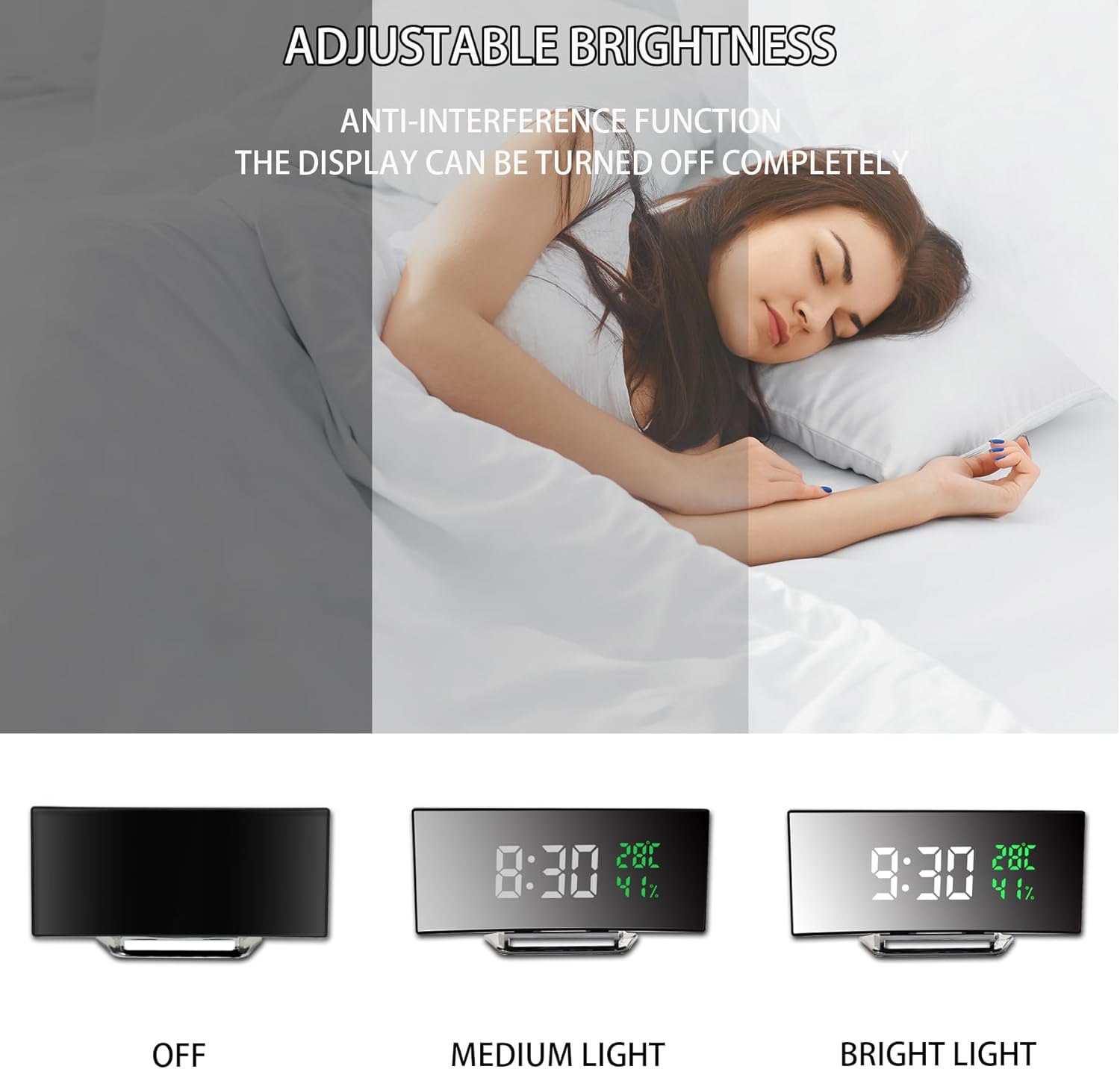 Image demonstrating three brightness levels: Off, Medium Light, and Bright Light, with a person sleeping in the background