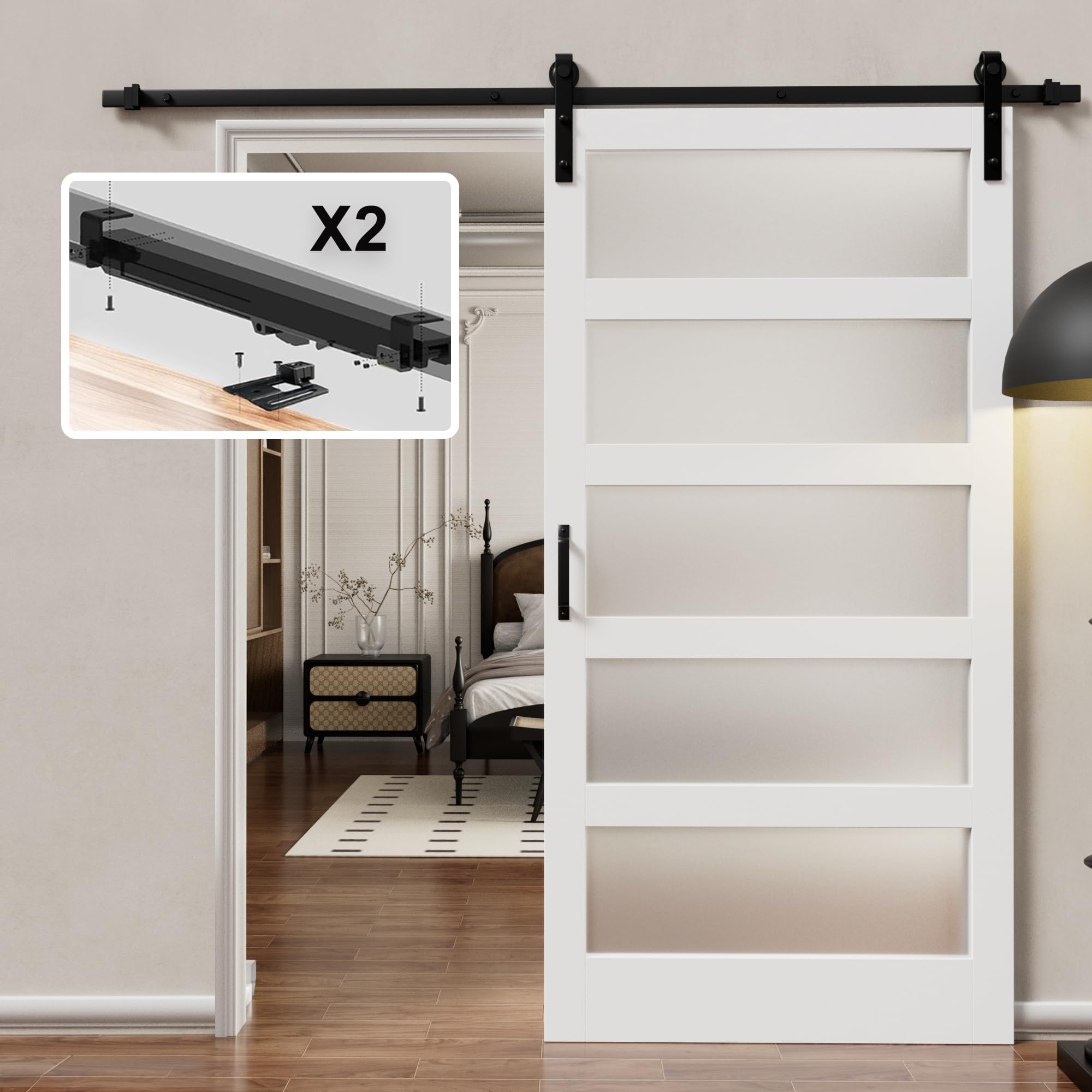 42 x 84 inch Sliding Barn Door with 7FT Hardware Kit Included & Handle, Pre-Drilled Easy Assembly, Water-Resistant Scratch-Resistant Barn Door with Glass for Washroom, Bedroom, Bathroom