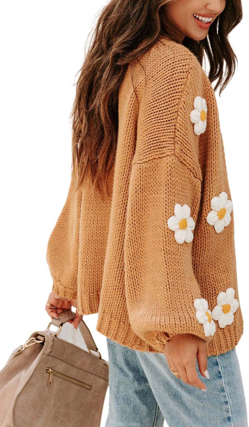 CHARTOU Women's Kawaii 3D Floral Applique Open Front Cardigan Sweater Y2k Knitwear