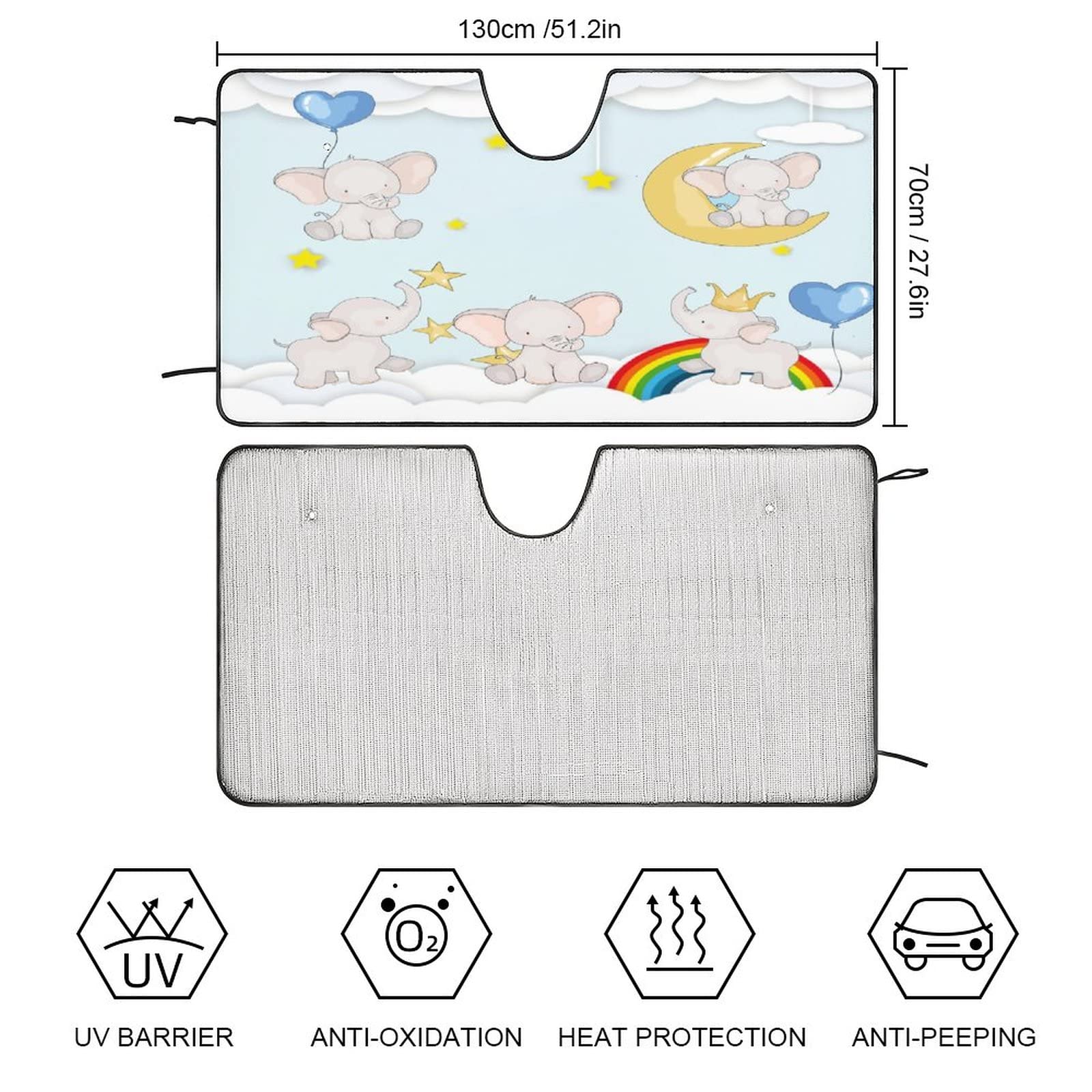 Cute Elephant Rainbow Winshield Sun Visor Rainbow Cartoon Balloons Elephant for Most Vehicles 51L x 28W Inch
