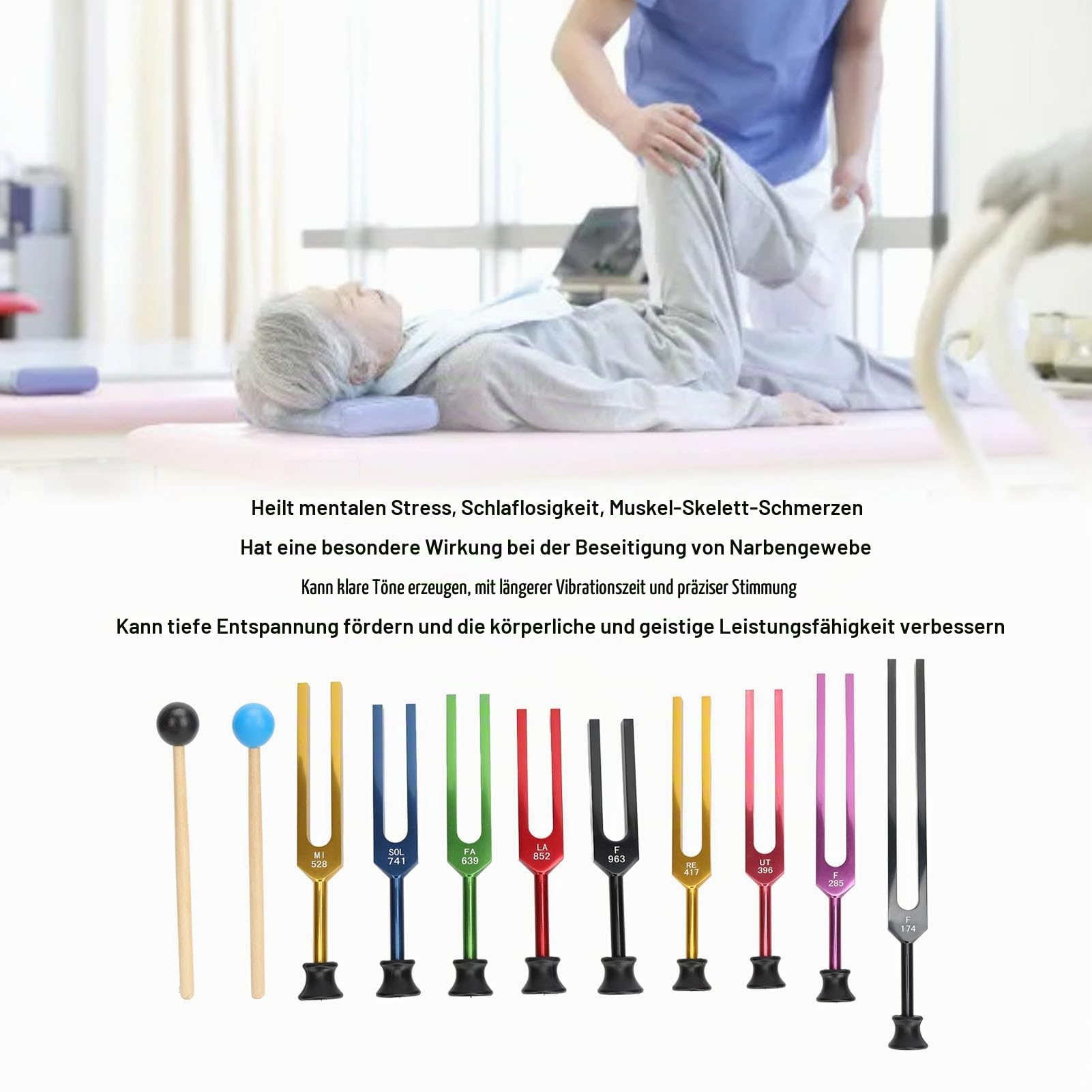 Stimmgabel Set 174Hz963Hz, 9 Farben, für Yoga Meditation & Tiefenentspannung, inkl. Hammer & Aufbewahrungstasche, nicht medizinisches Gerät