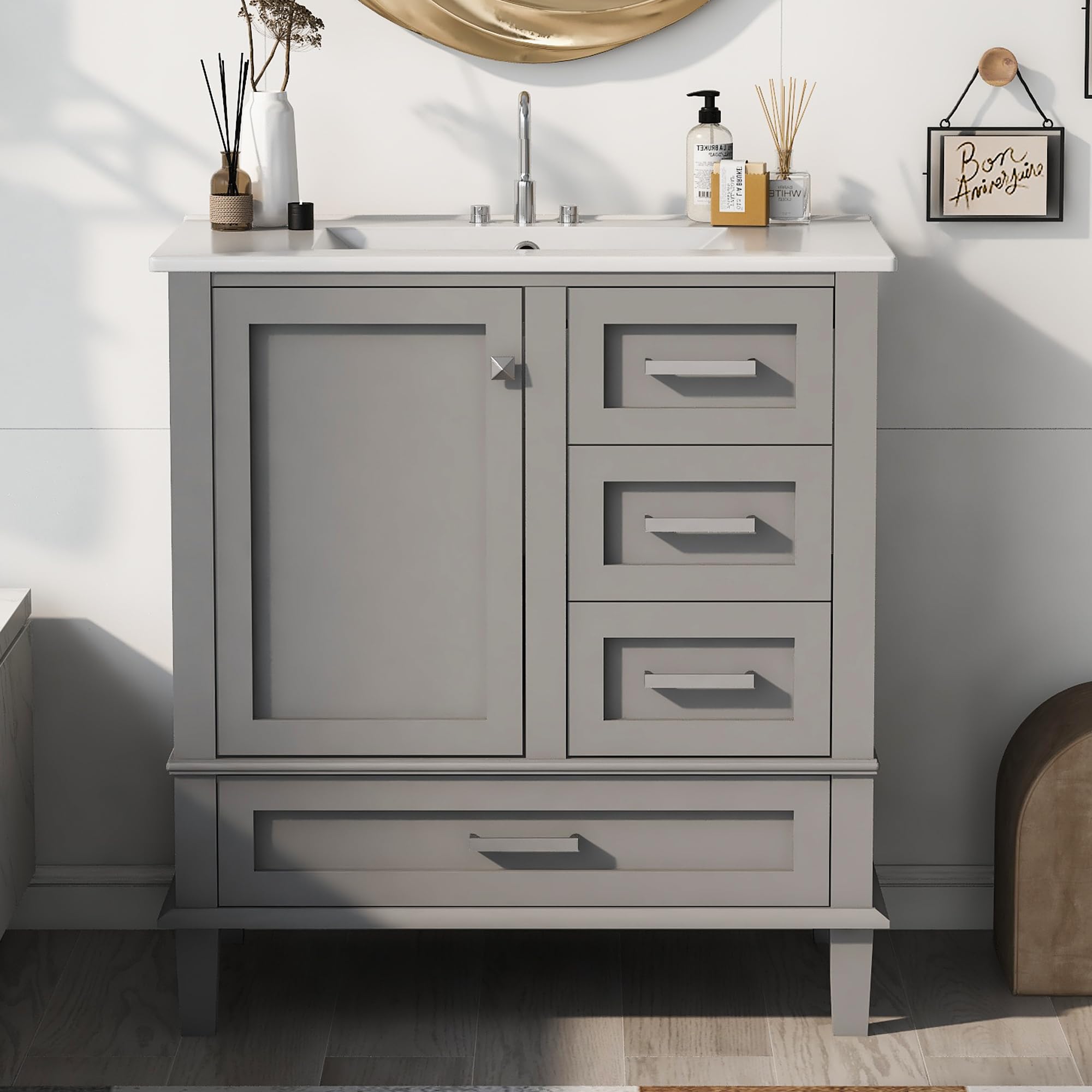 Wekuku 30 Inches Bathroom Vanity with Sink, Modern Grey Solid Wood Storage Cabinet – Soft Closing Door 3 Drawers, Space-Saving Bathroom Combo Set (3 Drawers + 1 Doors)