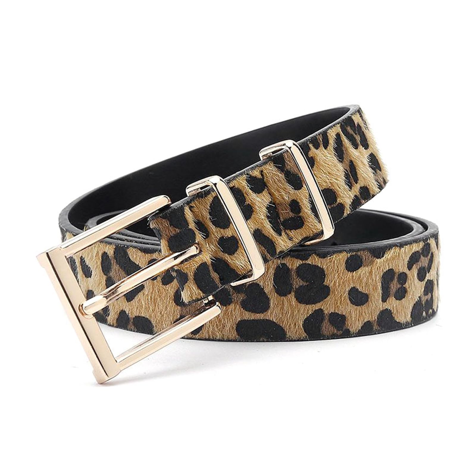 Rodsah Women's Yellow Leopard Print Leather Belt 2.9Cm Wide With Gold Buckle, Casual Jeans Waistband,,115Cm