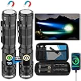 Spriak Rechargeable Flashlight High Lumens- Super Bright Magnetic Flash Light with Power Digital Display, Long Range,Dimmable,Waterproof,Pocket Tactical LED Flashlights for Emergency Camping 2PC