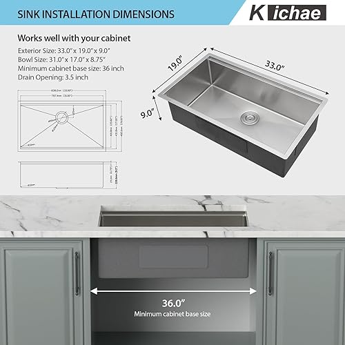 Miniatura 7 de Kichae Fregadero de cocina de montaje inferior 33 - 33 x 19 pulgadas, repisa de fregadero de acero inoxidable, calibre 16, cuenco individual,