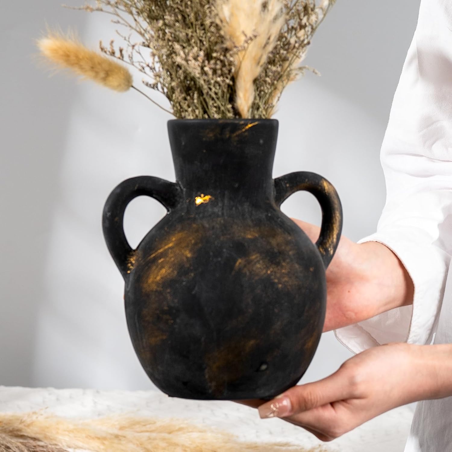 Rustic Ceramic Farmhouse Flower Vase with 2 Handles, Whitewashed Terra Cotta Vase, Decorative Pottery Flower for Home Decor, Table, Living Room, Shelf Decor, 7.3 Inch, Bronze - Image 6