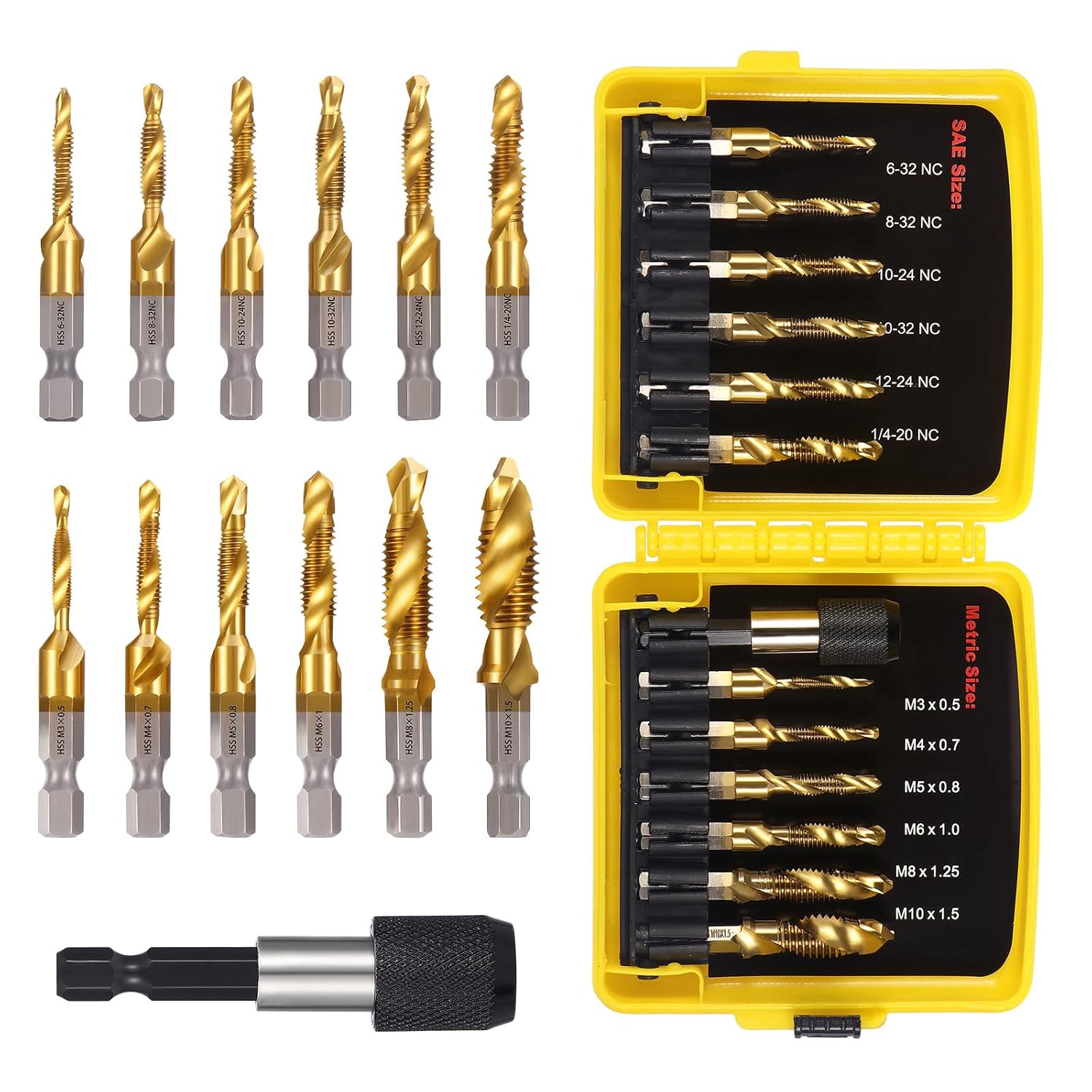 13PCS Titanium Drill Tap Set, HSS SAE & Metric Drill and Tap Bits with Quick Change Adapter, 3-in-1 Tool for Drilling, Tapping, Countersinking for Metalworking (Yellow)