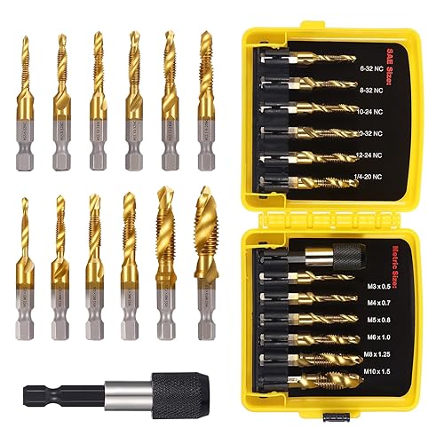 OCR Juego de 13 llaves de titanio para taladro, HSS SAE y métricas con adaptador de cambio rápido, herramienta 3 en 1 para taladrar, roscado,