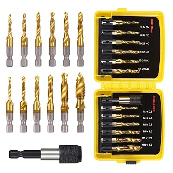 13PCS Titanium Drill Tap Set, HSS SAE & Metric Drill and Tap Bits with Quick Change Adapter, 3-in-1 Tool for Drilling, Tapping, Countersinking for Metalworking Yellow