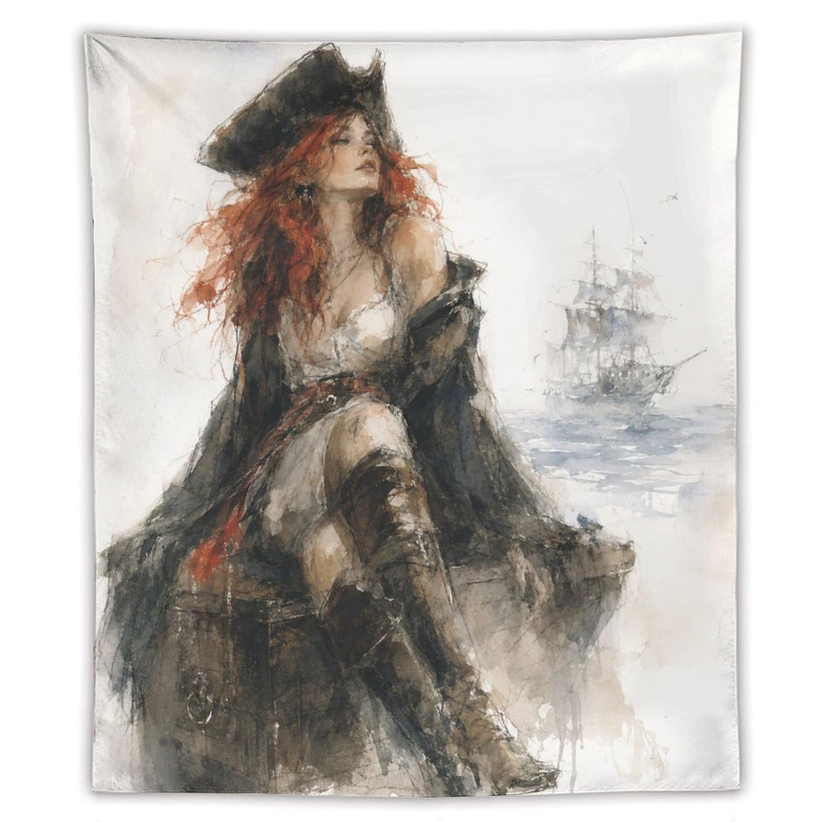 W7C8U2X3 Pirate Woman Portrait Wall Tapestry, Oil Painting, Room Divider