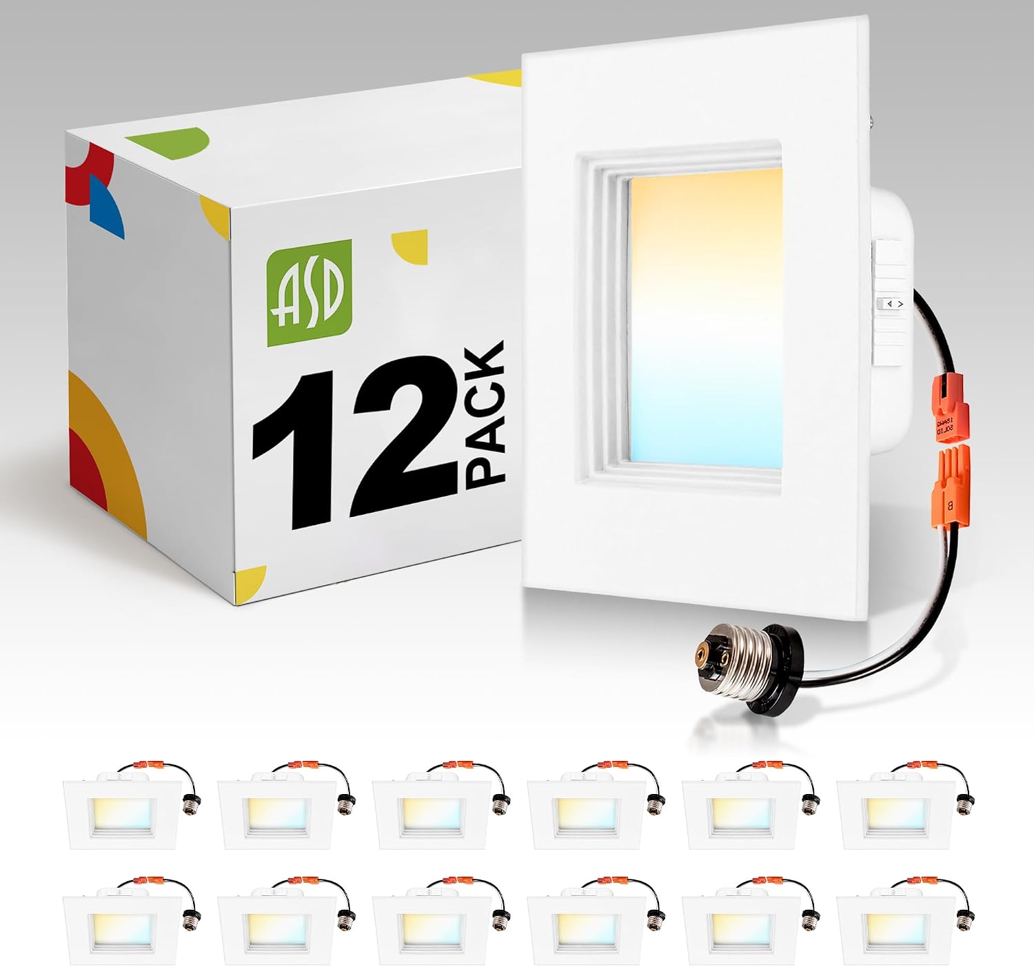 ASD LED Retrofit 6 Inch Recessed Lights - Square 12W 1050LM 2700-5000K LED Recessed Lighting 6 Inch, Wet Rated Dimmable Can Lights, Baffle Trim Wafer Lights, UL 12 Pack