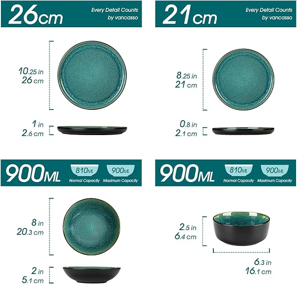 vancasso PLAYA Servizio Piatti per 6 Persone, 24 Pezzi, Set Piatti Moderni in Gres - 6 Piatti Piani, 6 da Dessert, 6 Fondi e 6 Ciotole Cereali - Adatto per Lavastoviglie e Microonde - Smalto Verde - 2
