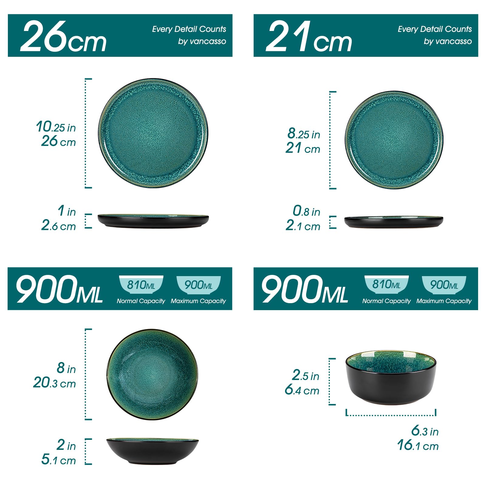 vancasso Série PLAYA Assiettes Service de Table 6 Personnes - Vaisselle 24 Pièces en Grès - 6x Assiettes Plates, à Dessert, Creuses et Bols à Céréales - Adapté au Micro-Ondes - Glaçure Vert