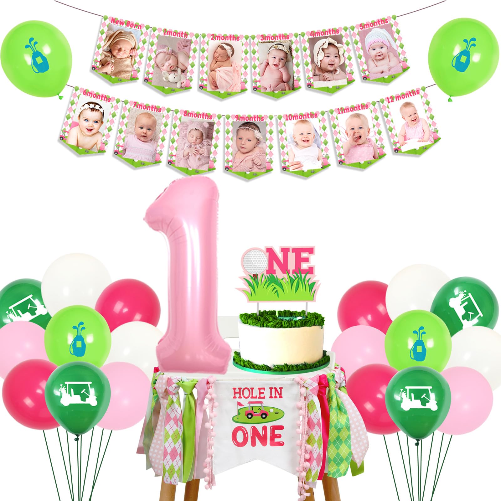 Hole in One Birthday Decorations Girl, Pink and Green Golf 1st Birthday Party Decorations - High Chair Banner, Cake Topper, Monthly Photo Banner, Foil Balloons, Outdoor Sports Theme Party Supplies
