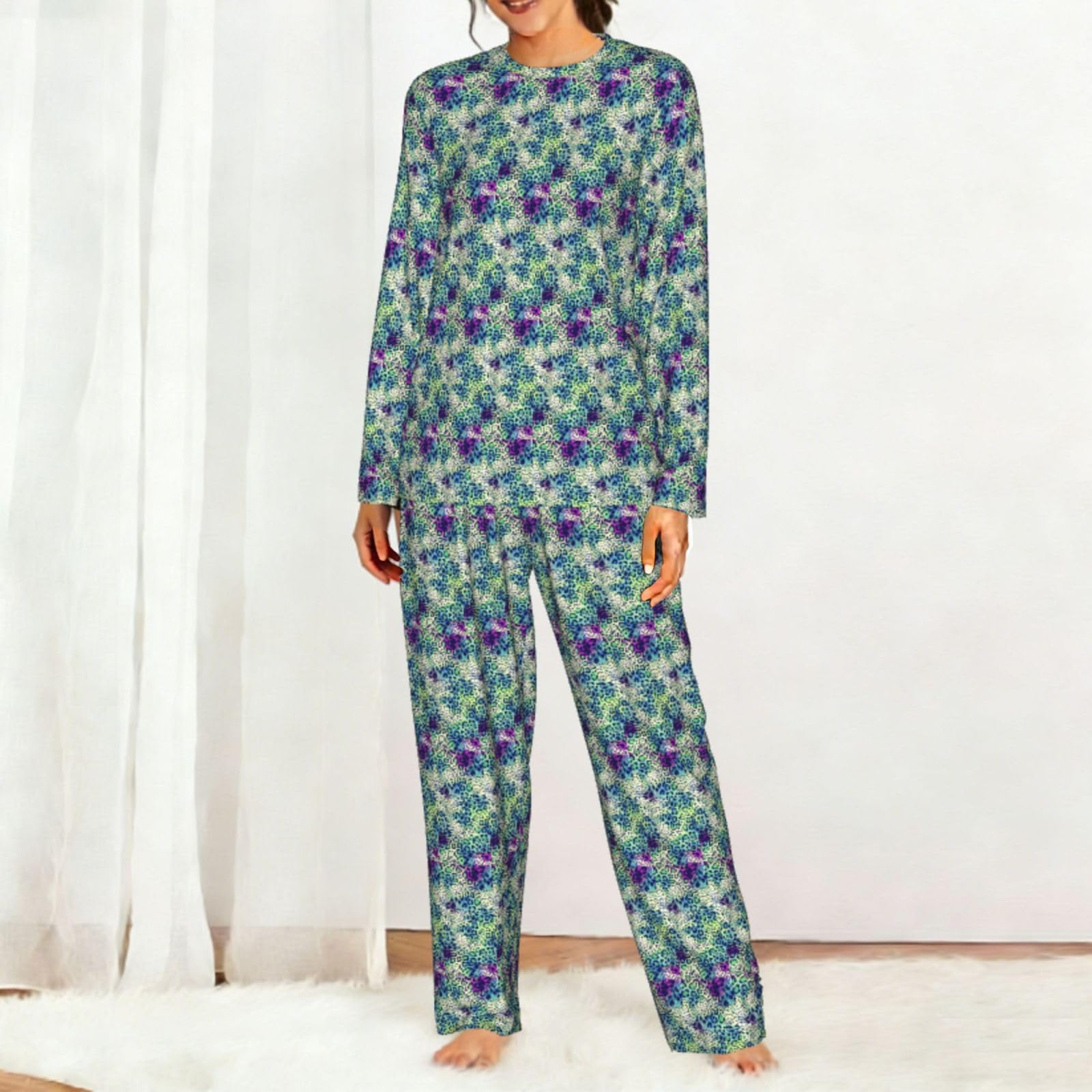 Pigiama da donna a maniche lunghe con stampa leopardata verde set pigiama morbido comodo elastico da notte
