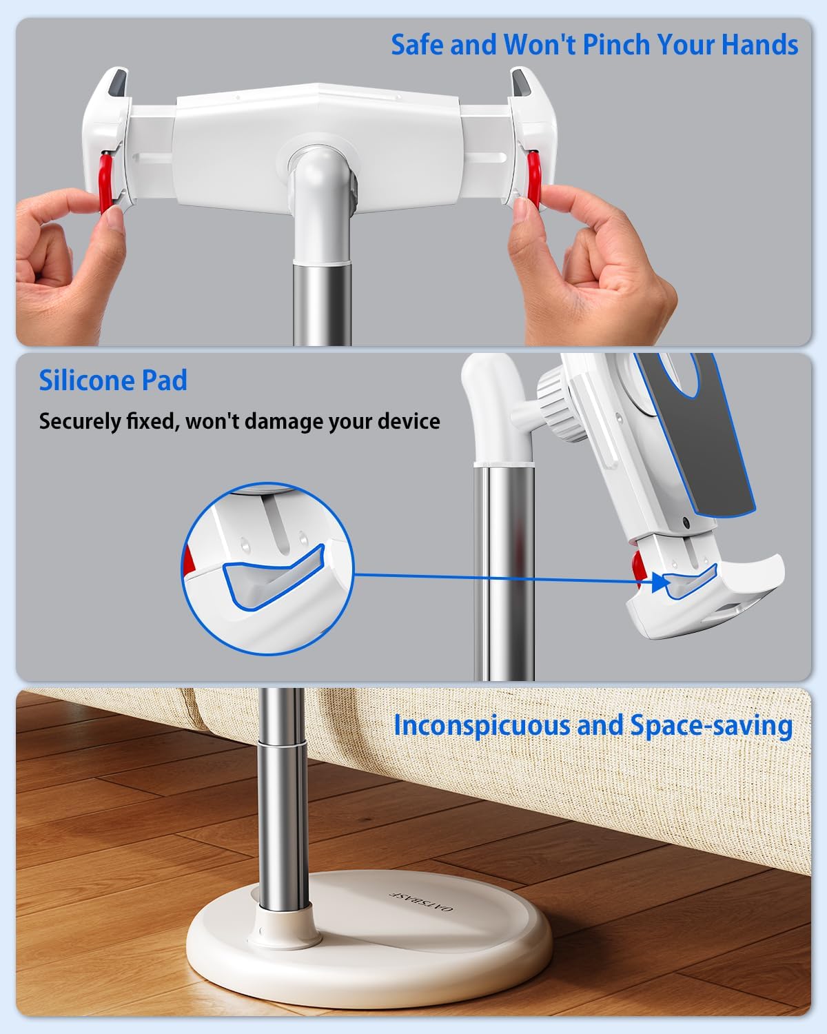 OATSBASF Tablet Floor Stand Holder, Height Adjustable(12-34.6 inch) 360° Rotatable iPad Stand with Heavy Base, Adjustable Holder for 4"-12.9" Devices Including iPhone, iPad, Kindle, Switch, White
