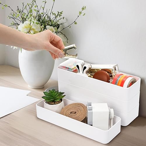 Miniatura 5 de Paquete de 6 organizadores de cajones de plástico, 10 x 3.3 x 1.8 pulgadas, bandeja de almacenamiento apilable blanca, cubos organizadores