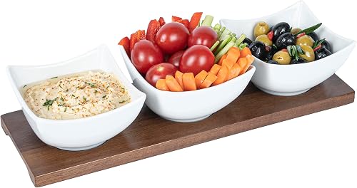 Restaurantware-15 Ounce Bowl Set with Tray - 1 Dishwashable Serving Set, Includes 3 Porcelain Bowls And 1 Bamboo Tray, Durable, White Porcelain And Bamboo Bowl And Platter Kit, Reusable, Freezable