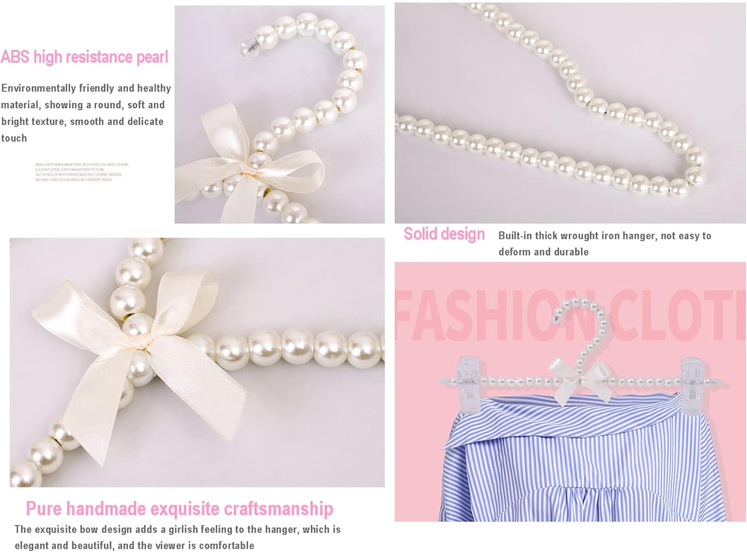 10 PCS Pearl Hangers Artificial Pearl Jeans Shelves Bowknot Wedding Hangers and Trousers Hanging Clip (White),Pearl White