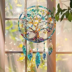 1 apanhador de sonhos de árvore colorido acrílico para pendurar, decoração de janela de 18 cm com design de estilo vitral impresso, arte de parede de criador de arco-íris, ideia de presente e