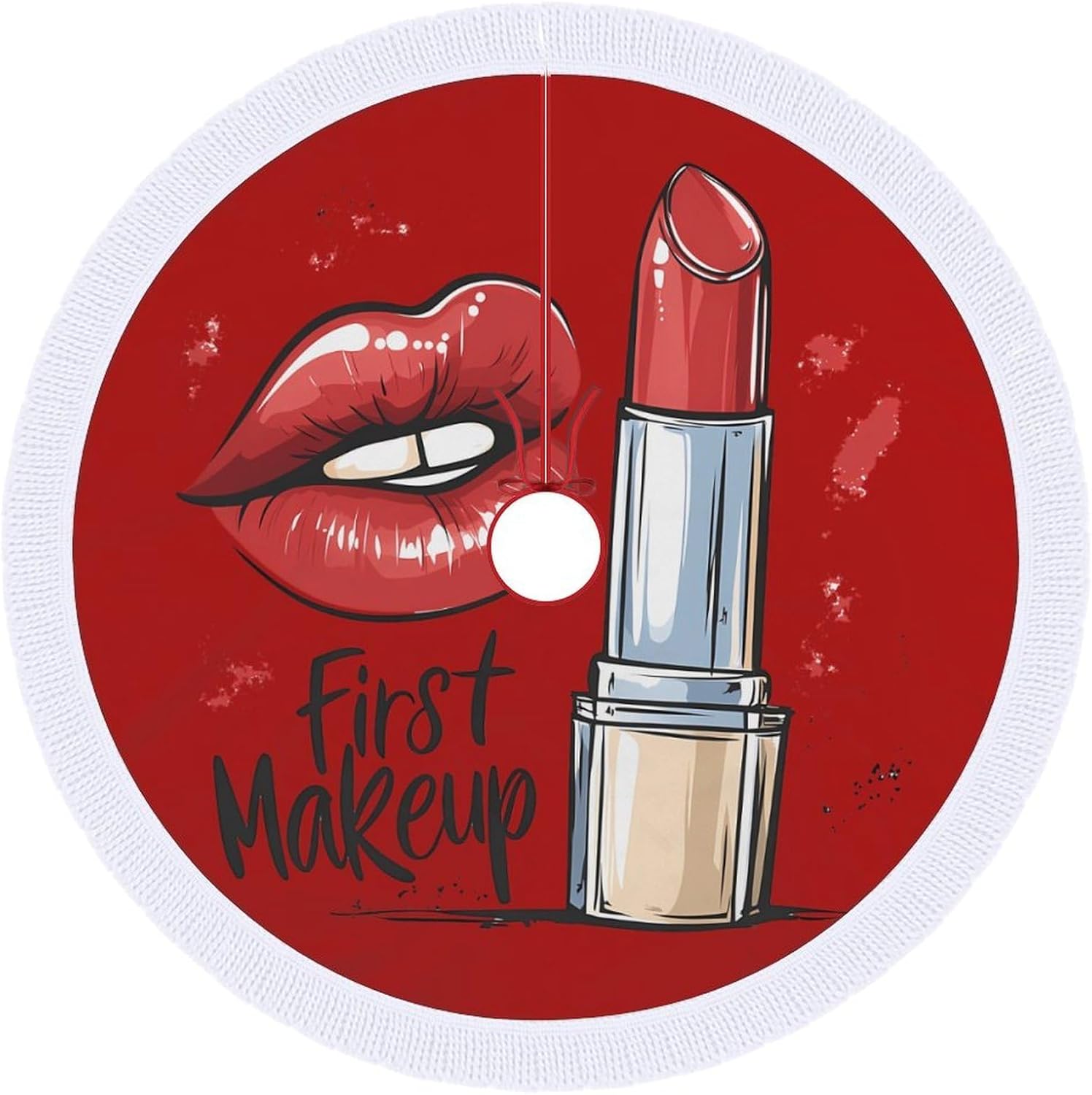 First Makeup Lips Christmas Tree Skirt Round Xmas Tree Mat Ornaments Tree Skirts with Tassels for Holiday Party
