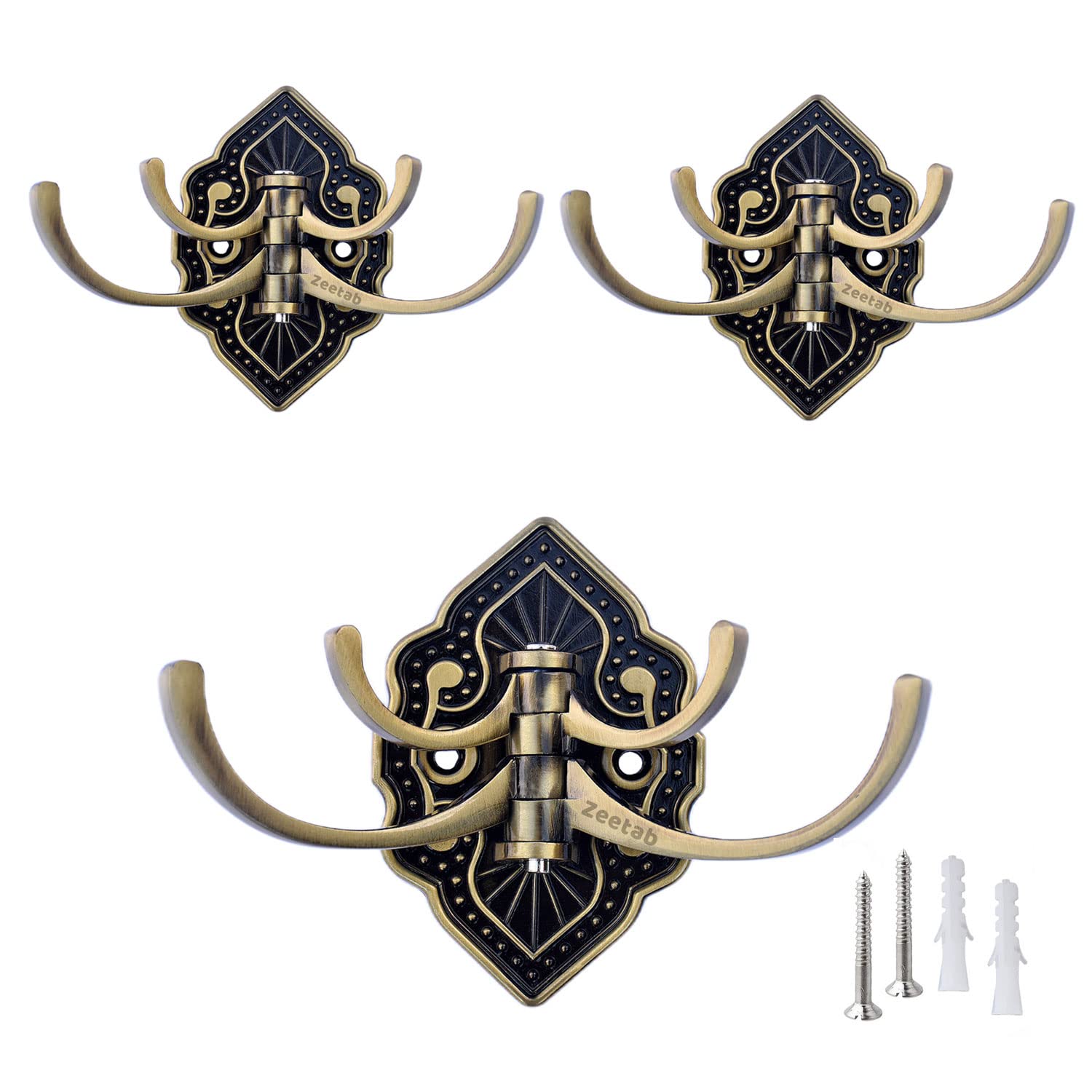 Adjustable Cloth Hanger with 4 Hook | Royal Wall Mount Brass Key Holder | Antique Metal Rail & Robe for Bathroom Towel (Pack of 3, Flower Antique)