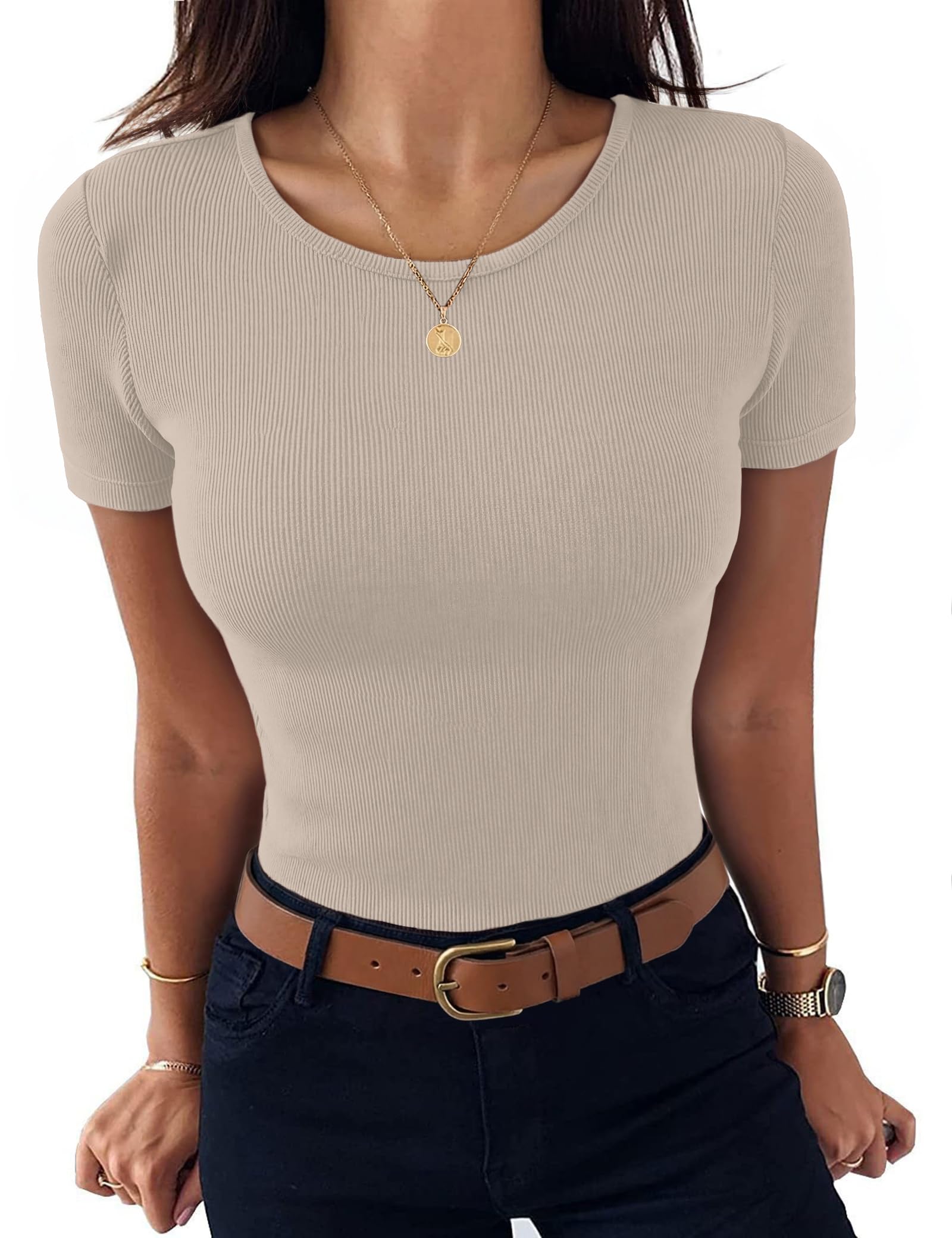 Aottori T-Shirt Damen Rundhals Gerippt Stretch Sommer | Oberteile Kurzarm, Basic Tops, Elegant, Slim Fit, Einfarbig, Casual für Alltag Freizeit