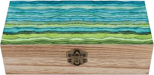 Waves Desk Mat Blue And Green Wooden Storage Box Decorative Trinket Keepsake Box Wood Jewelry Organizer Box for Bedroom Office with Hinged Lid And
