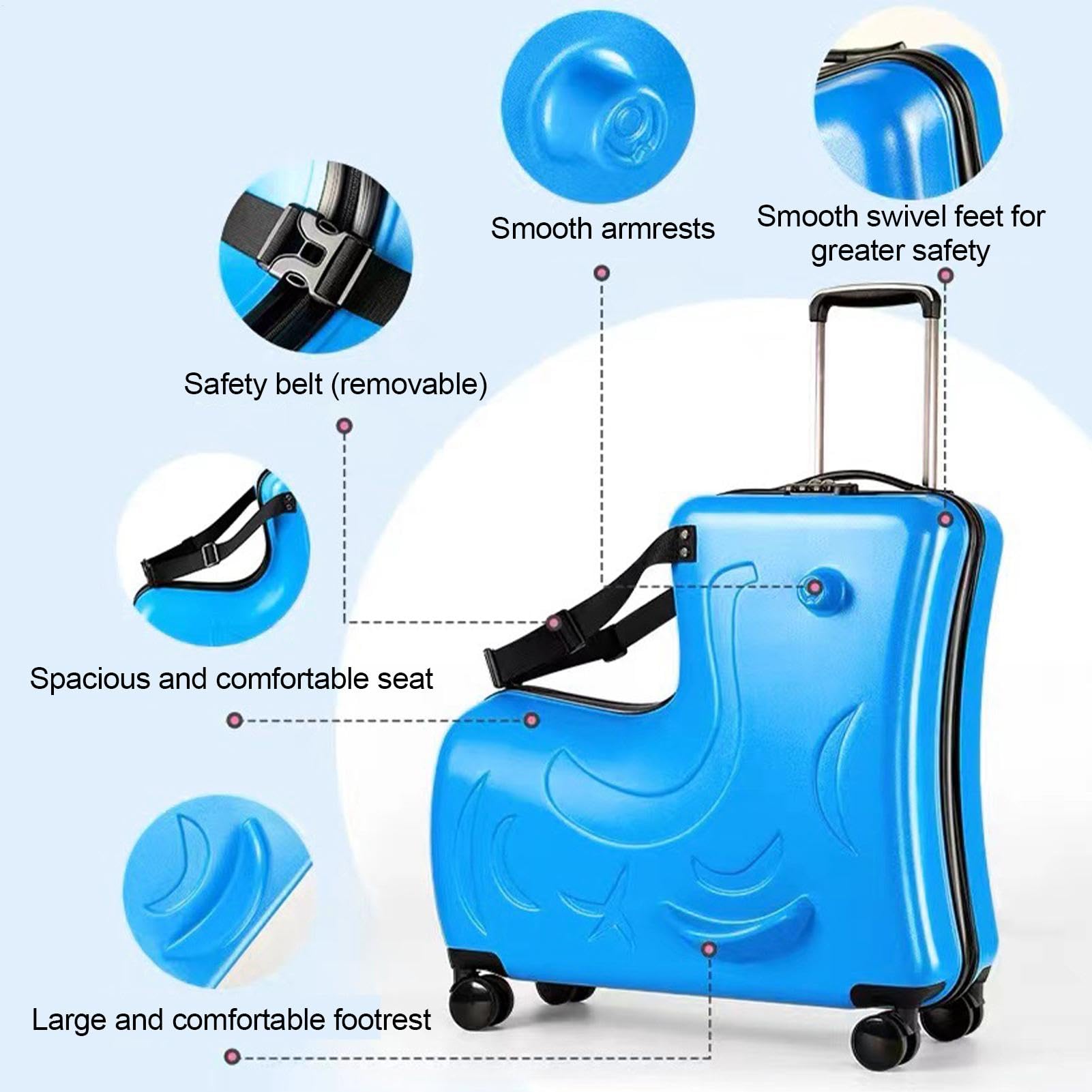 Kids Ride- Suitcase | 3-cyfrowy zamek kó?kach | 20 podró?y z pasami do siedzenia, peda?ami, uchwytami i cichymi ko?ami | Ride- Luggage for Boys & Girls, Lake Blue, riferimento alla
