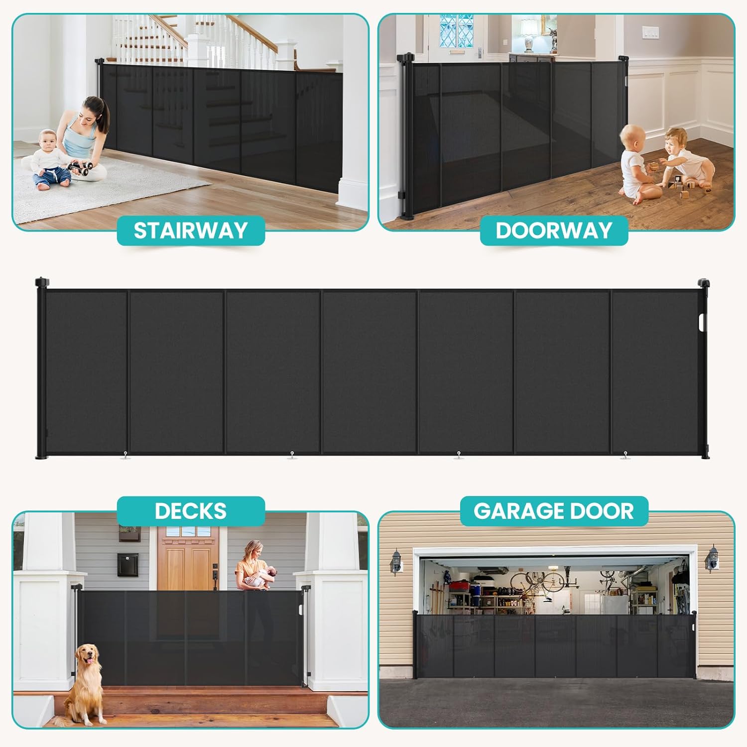 Upgrade Retractable Baby Gates Extra Wide (150" W x 42" H), 150 inch Reinforced Retractable Dog Gate to Prevent Crawling Through, Retractable Gate Outdoor/Indoor, Real One-Handed Operation, Black Black 42" Tall x 150" Wide