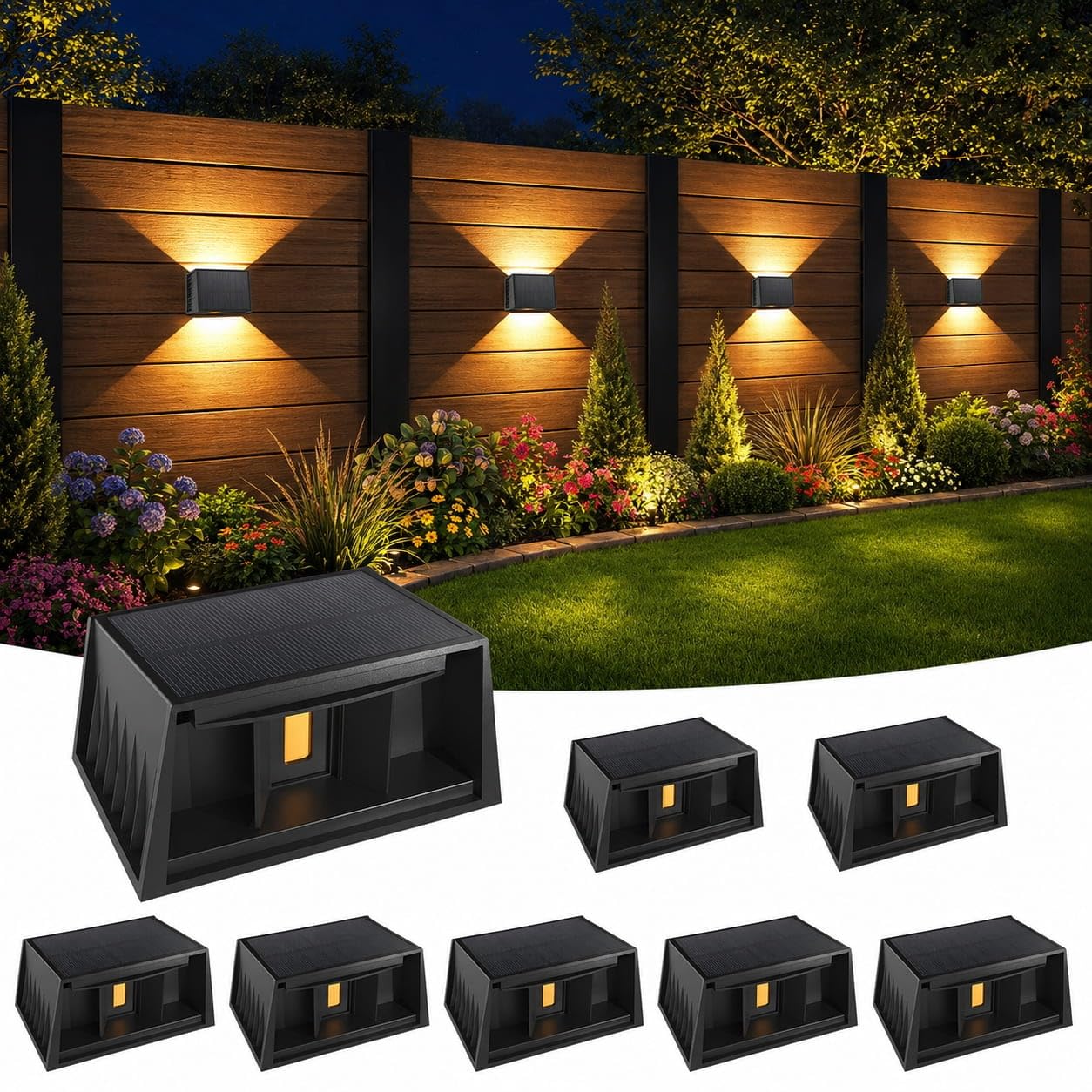T-SUNUS Solar Wandleuchte Außen, Solar Wandlampe Außen Up and Down einstellbare Lichtstrahler, IP65 Wasserdicht, Außenlampe Wand für Hof Balkon Eingang Deck Treppen 8 Stück 3000K