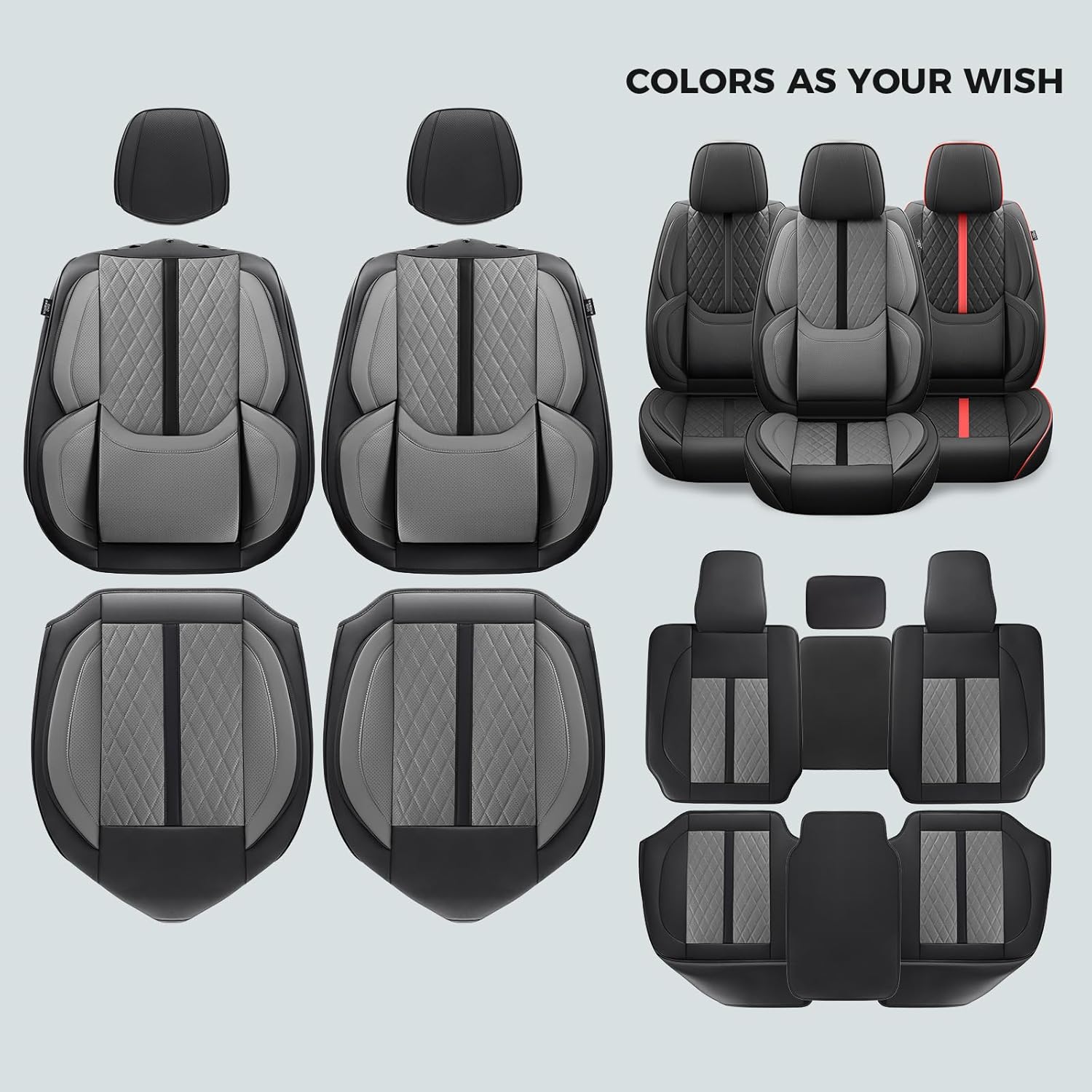 Car Seat Covers for Dodge Ram 1500/2500/3500 Crew Regular Quad Cab 2011-2026, 4-Layer Waterproof Leather, Truck/Pickup Seat Covers Full Set, Ram Accessories, BlackGray