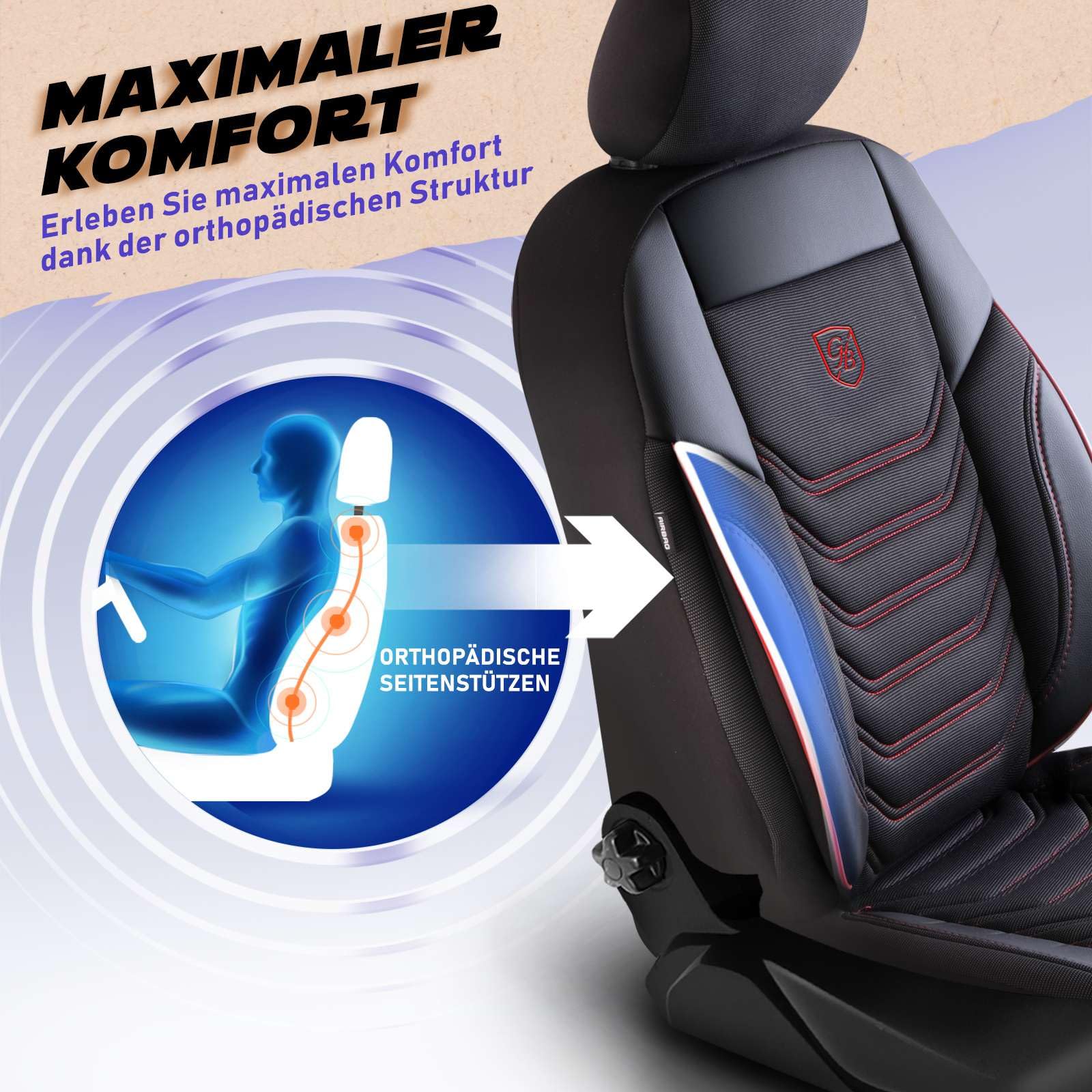 Autositzbezüge Universal für PKW & SUV - Premium Vordersitze Auto Sitzbezug aus Piqué-Stoff, Schwarz-Rot, Airbag-Kompatibel Sitzauflage, Autoschonbezug, Vordersitz-Set inkl. Montageset