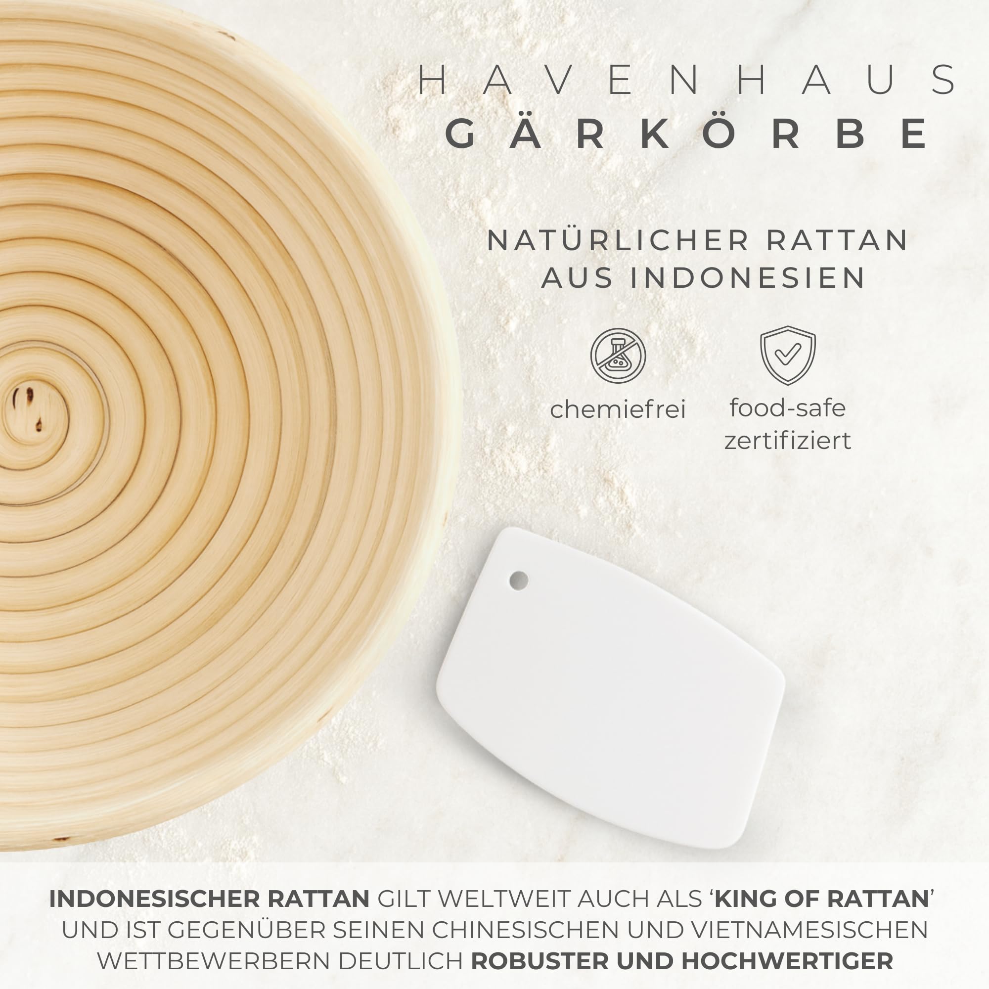 HAVENHAUS Brotbackset XXL | Sauerteig Starter Set mit umfassendem Brot backen Zubehör | inklusive 2x Rattan Gärkorb Brot rund & oval, Sauerteig Zubehör und Dänischer Schneebesen | Brotbackzubehör