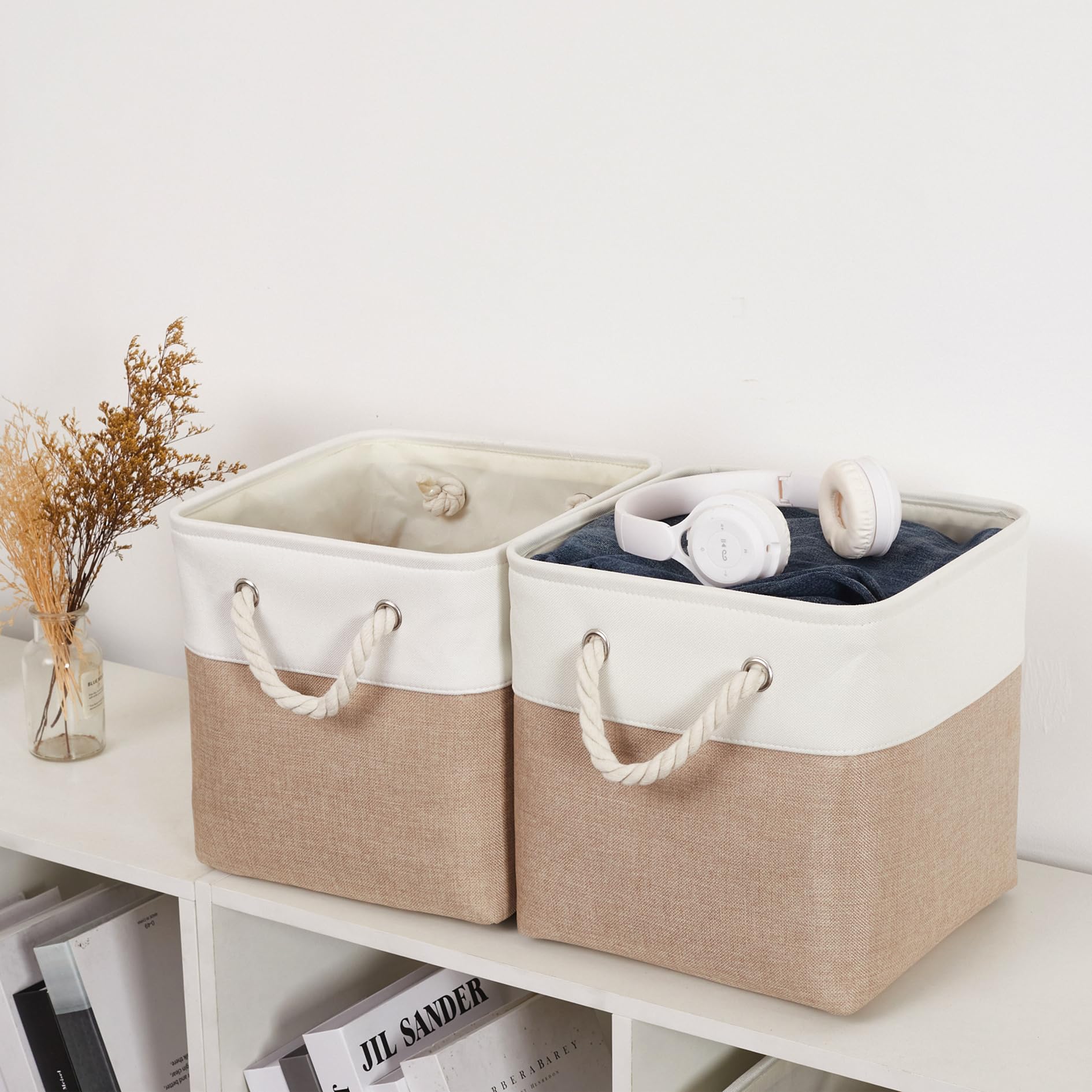 Confezione da 6 cubi portaoggetti pieghevoli da 28 x 28 cm, in tessuto con corde, cubi portaoggetti pieghevoli per casa, ufficio, armadio, vestiti, giocattoli (bianco e beige)