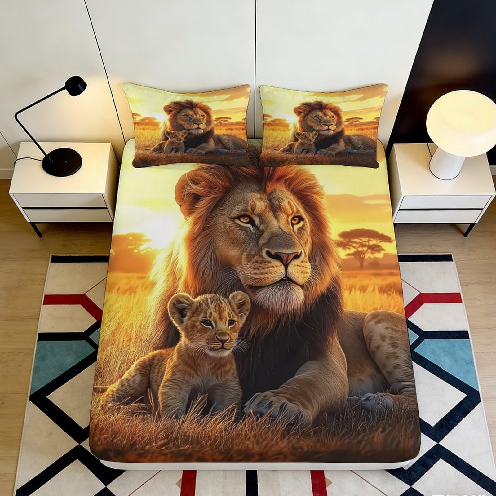 Pnayamiorkfel Style-7 3D Printed Lion Family Fitted Sheet Microfiber Soft Anti-Slip African Sunset Bed Cover For Bedroom Guestroom Gift 90X200x25cm