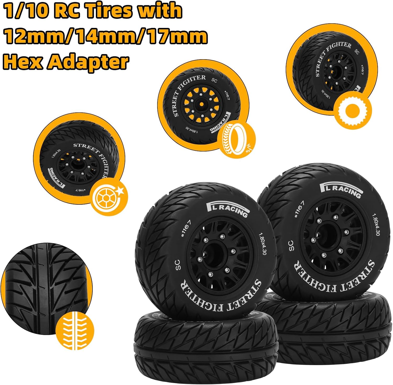 12mm/14mm/17mm Hex RC Wheels and Tires RC Truck Tires RC Car Wheels 1/10 Scale Tyres Hex Detachable Replacement RC Car Tires for Arrma Senton Tires Slash Tires Axial Redcat Rc4wd Fury (Black C)