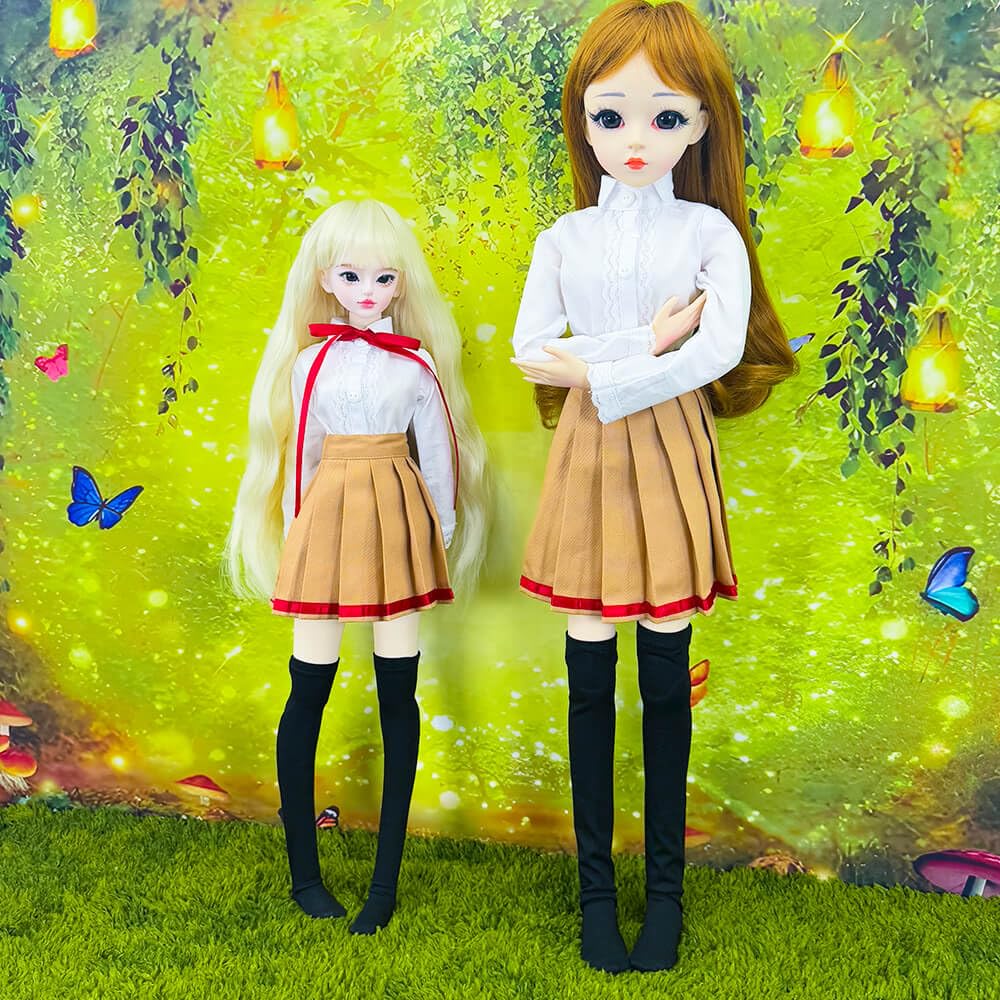 niannyyhouse 1/3 1/4 BJD vestiti per bambole kaki camicia bianca gonna plissettata calzini uniforme scolastica outfit accessori per bambole regalo per vestire (1/3BJD)