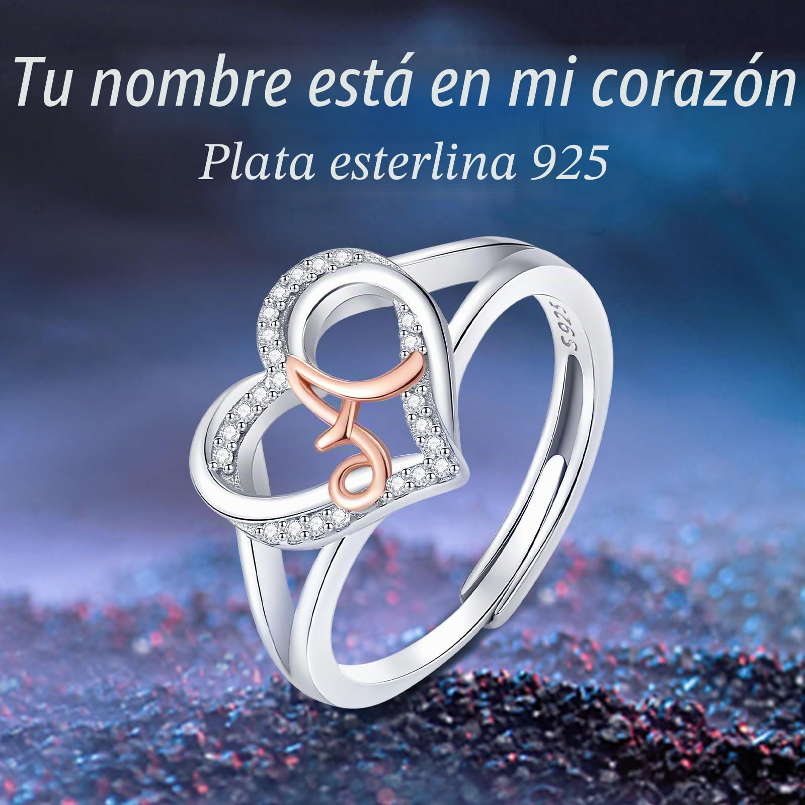 INFUSEU Anillo Iniciales, Plata de Ley 925 Anillos Abiertos Letras Forma Corazón Nombre Inicial Alfabeto A-Z Joyería Personalizada Ajustable Regalos para Mujeres Damas Niñas