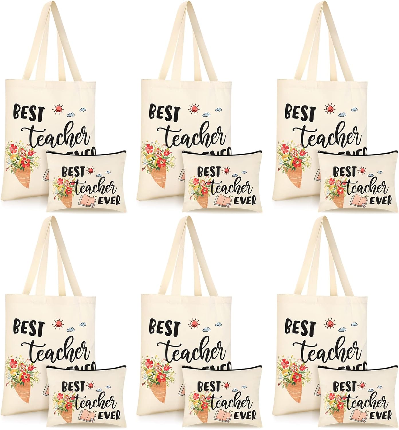 Kacctyen 12 Pcs Teacher Graduation Appreciation Gifts 6 Canvas Totes Bag 6 Makeup Pouch Cosmetic Bags Teacher Gifts(Best Teacher Ever)