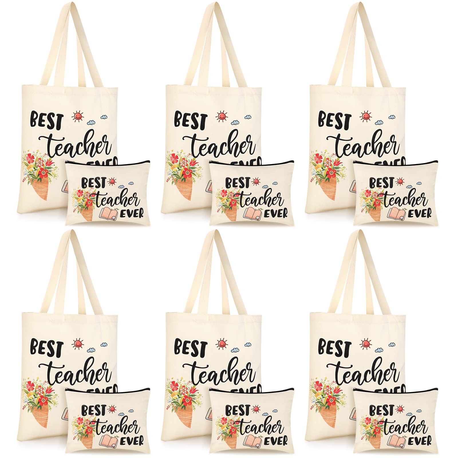 Kacctyen 12 Pcs Teacher Graduation Appreciation Gifts 6 Canvas Totes Bag 6 Makeup Pouch Cosmetic Bags Teacher Gifts(Best Teacher Ever)