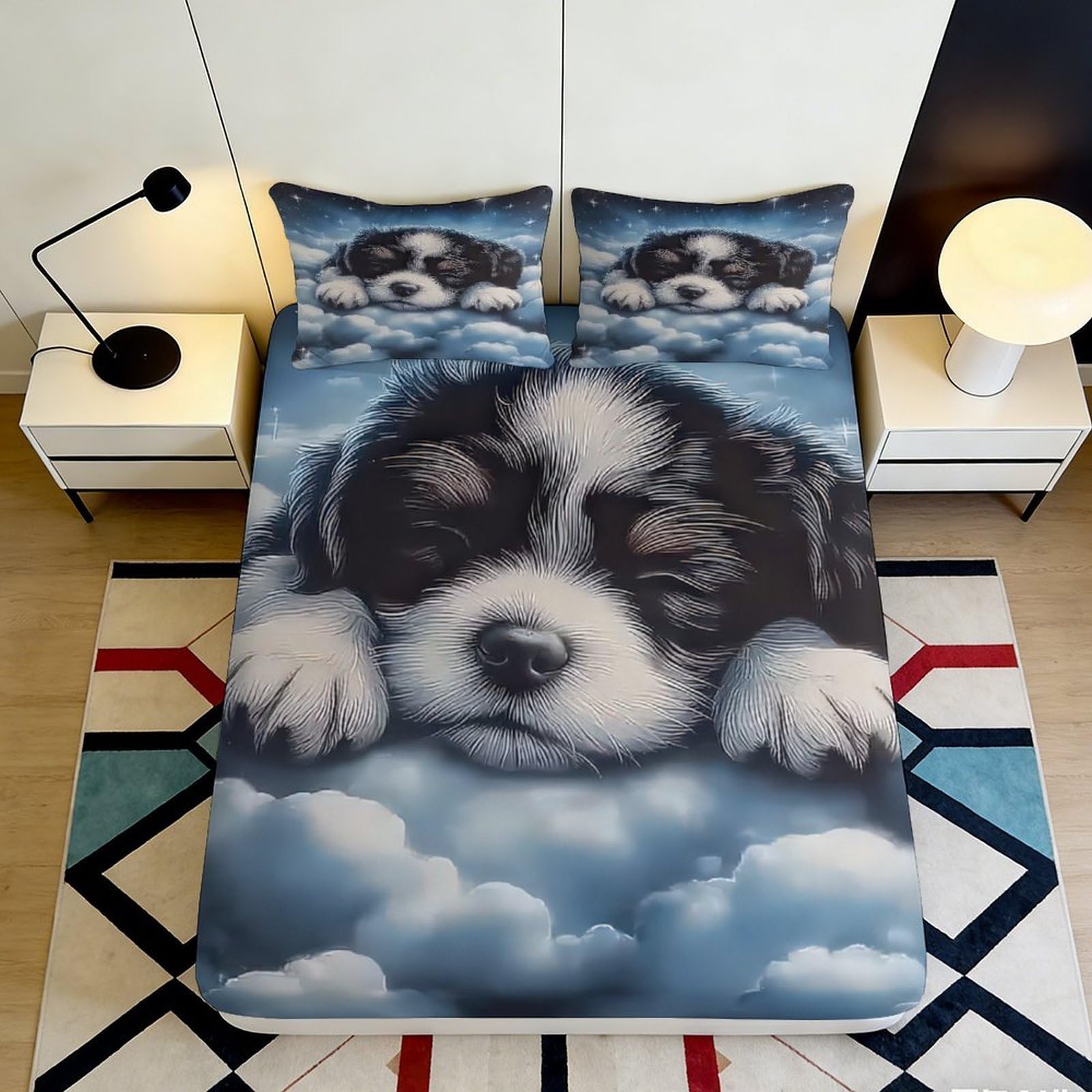 3D Printed soft touch Puppy Fitted Sheet, Microfiber Bed Cover for master bedroom, wrinkle resistant, apartment bedding, easy to maintain, anti-slip, stylish accent, chars 120x200x25cm